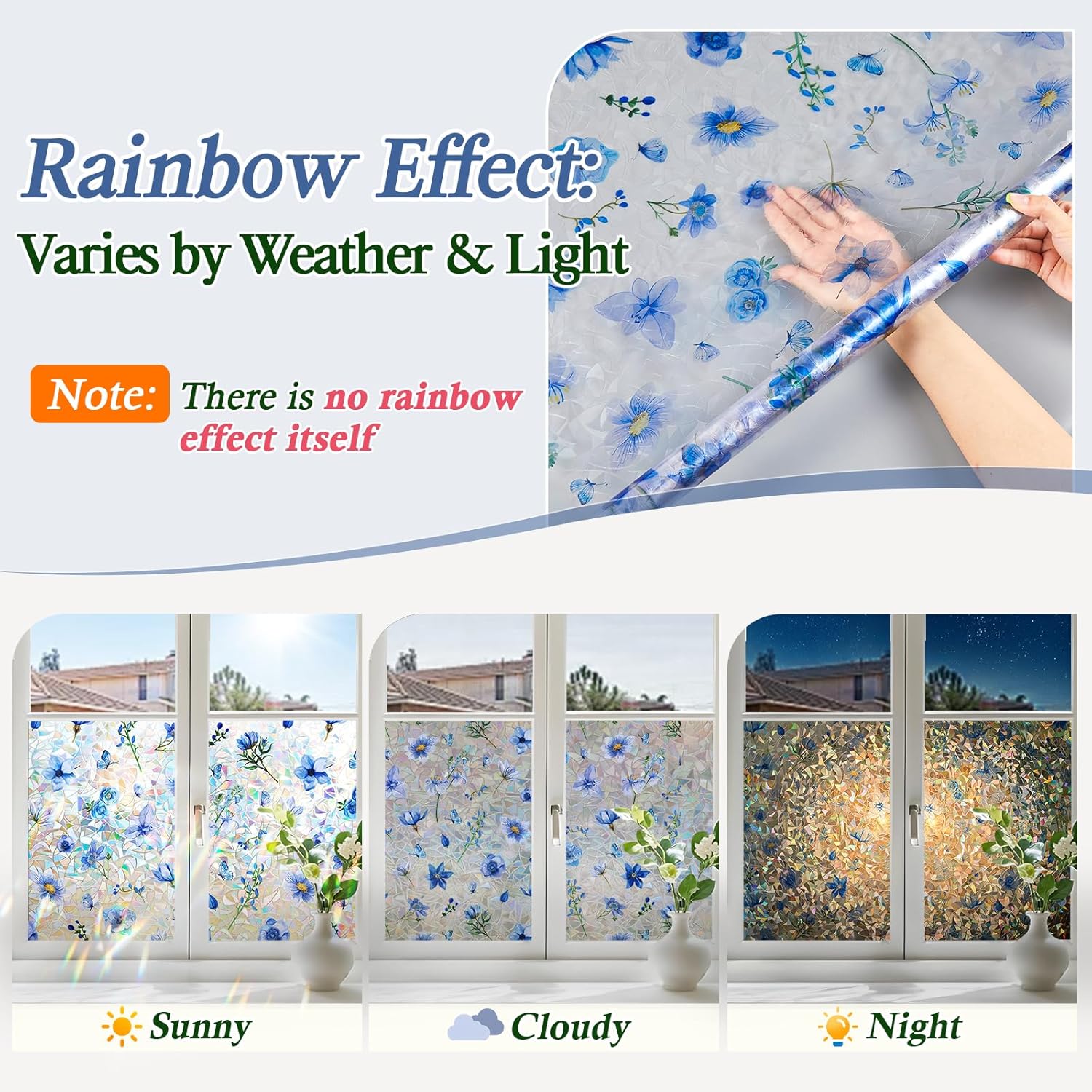 Coavas Stained Glass Window Privacy Film, Rainbow Static Cling Decorative Covering, No Glue Non-Adhesive Removable, UV Blocking Heat Control for Bathroom Bedroom, 23.6 x 78.7 Inches