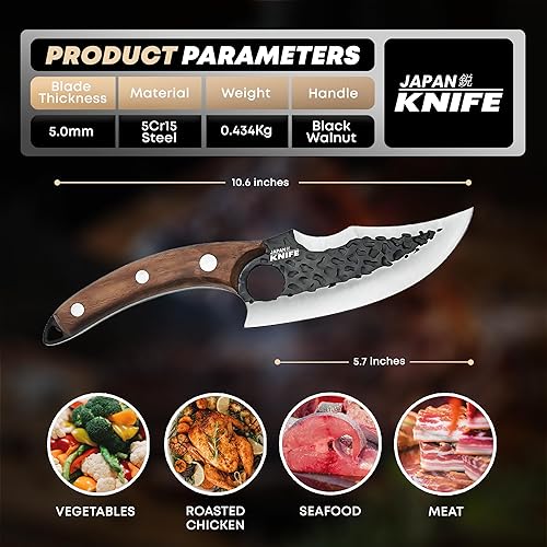 Miniatura 3 de Japan Knife Cuchillo vikingo japonés de 11 pulgadas o cuchillo de corte con mango ergonómico, cuchillo para deshuesar, cuchillo forjado con funda de