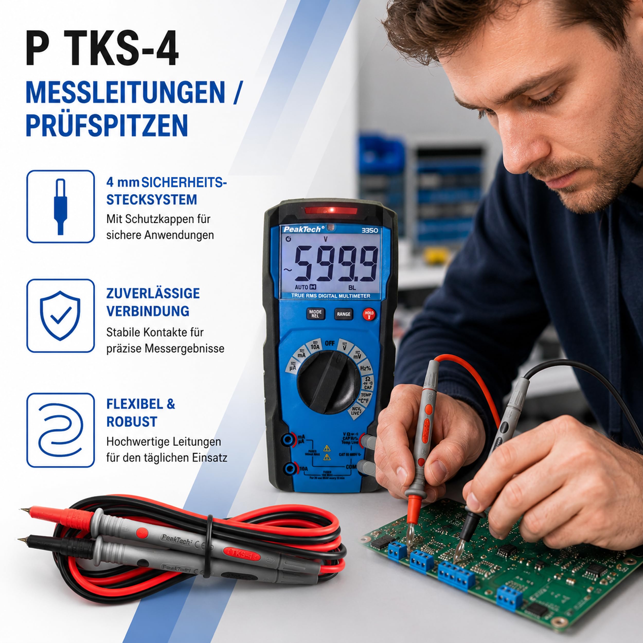 Peak Tech 1 Coppia Puntali multimetro Flessibile 120 cm, sicurezza – test kit di cavi, 1000 V AC/DC, 10 a, Cat III/IV, 1 pezzi, TKS 4