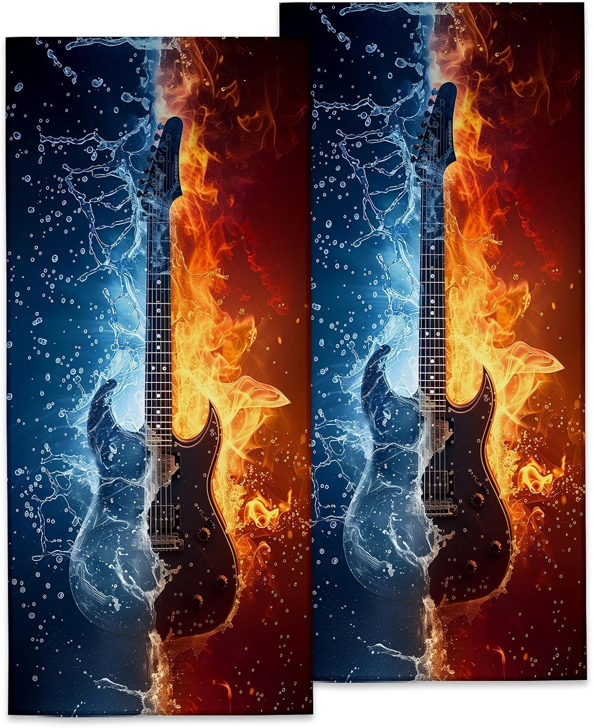 Exquisite Guitar Hand Towels, Soft Decorative Fun Water and Fire Contrast Design Hand Towel Set of 2 for Bathroom Hotel Home, Absorbent Dish Towels for Kitchen Drying Farmhouse Gifts 14×28 Inch