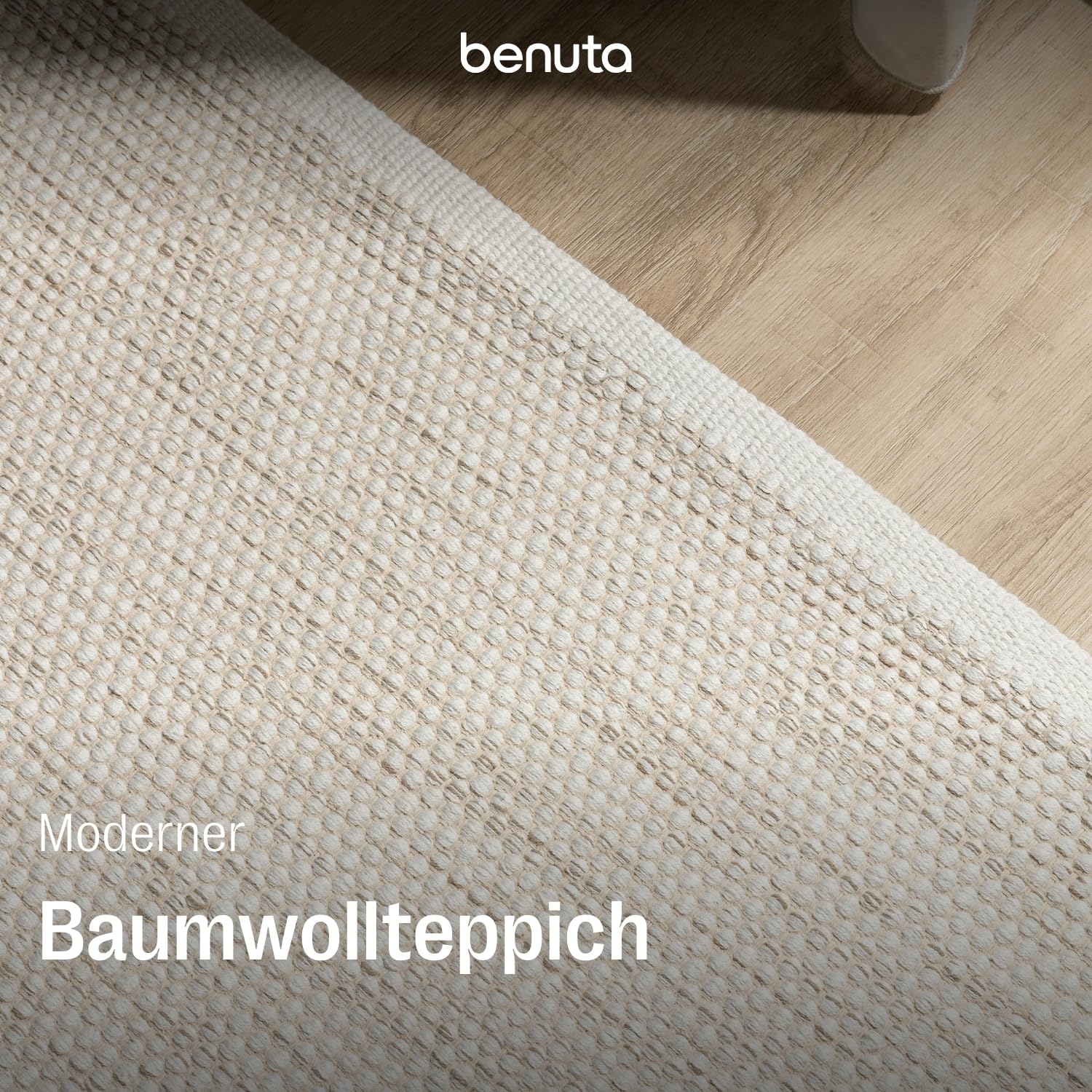 benuta Basic handgewebter Baumwollteppich Ron - Creme 80x250 cm - Handwebteppich aus 100% Baumwolle - Läufer im Style: Uni, Minimalistisch, Natural Living - Pflegeleicht für Wohnzimmer Schlafzimmer
