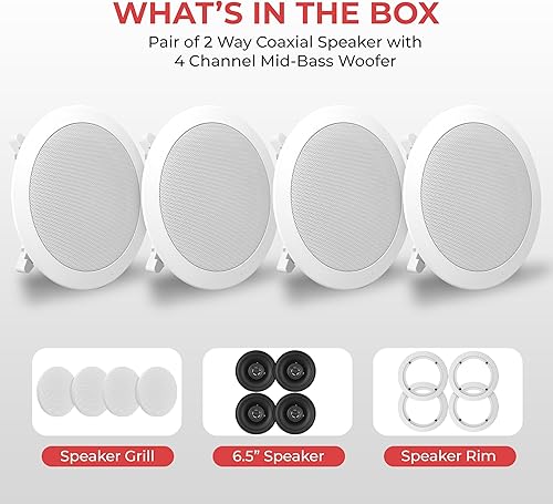 Miniatura 2 de Pyle 6.5" 4 Bluetooth Montaje empotrado en la pared en el techo Sistema de altavoces de 2 vías Conexiones rápidas Parrilla redondacuadrada