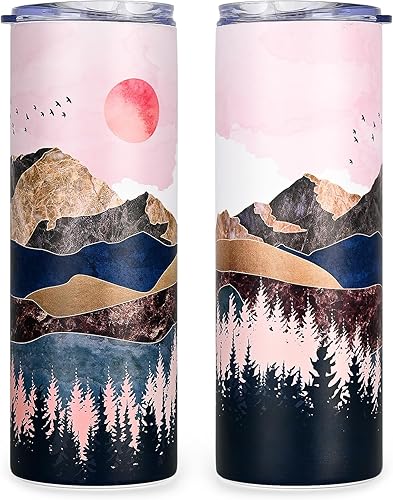 Lifecapido Vaso delgado de 20 onzas, vaso de montaña, vaso delgado de acero inoxidable con tapa y pajilla, vaso delgado al vacío de doble pared de