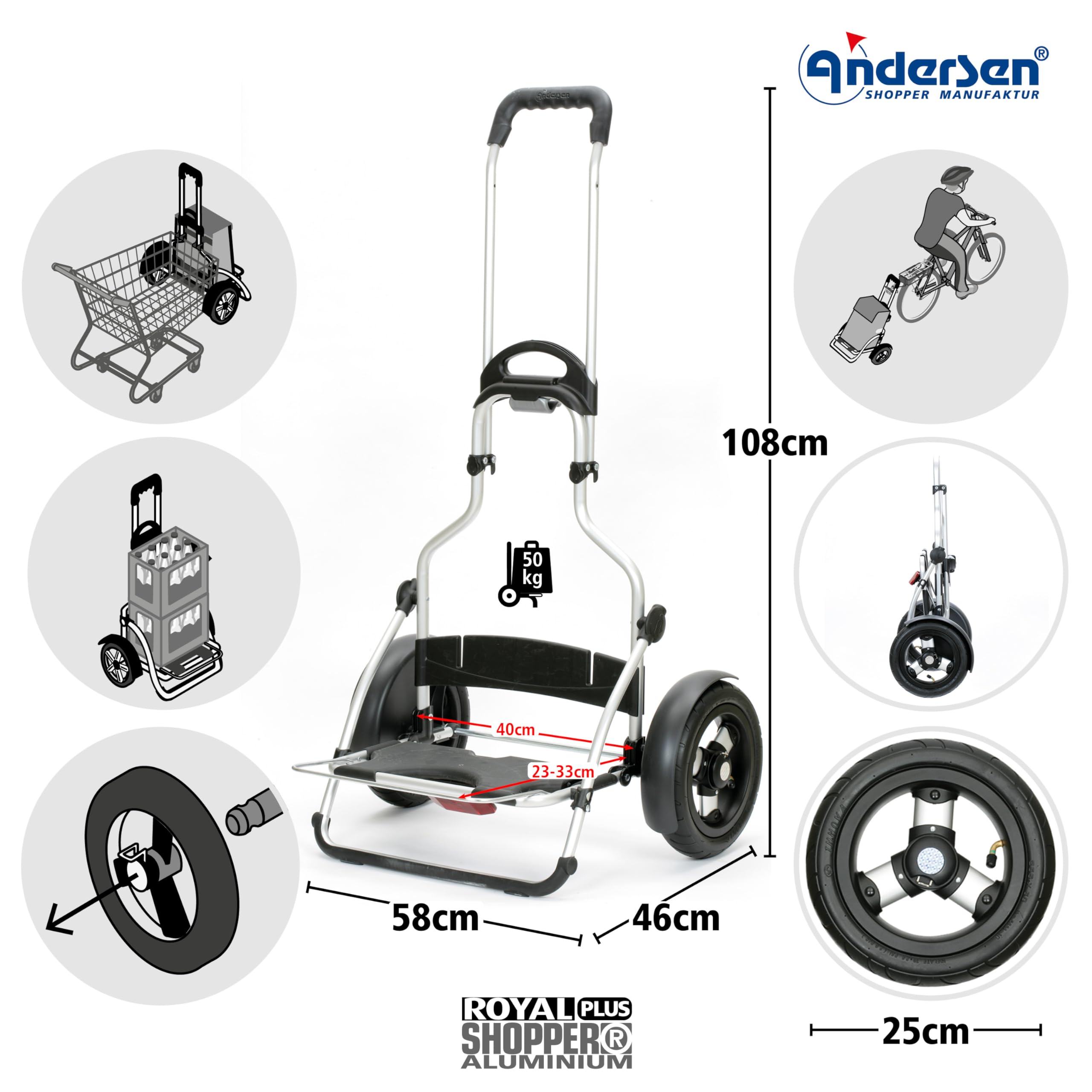 ANDERSEN Einkaufstrolley - Royal Sh. Plus Lasse blau | Fahrradanhänger, Luftbereifung, aus Alu, bis 50 kg - Tasche großes Volumen, Innenfach, Reflektoren, 59 L