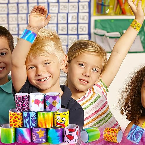 Miniatura 6 de AMOR PRESENT Pulseras a granel, 48 pulseras a presión para niños, teñido anudado, sirena, deportes para fiestas, premios de carnaval, bolsas de