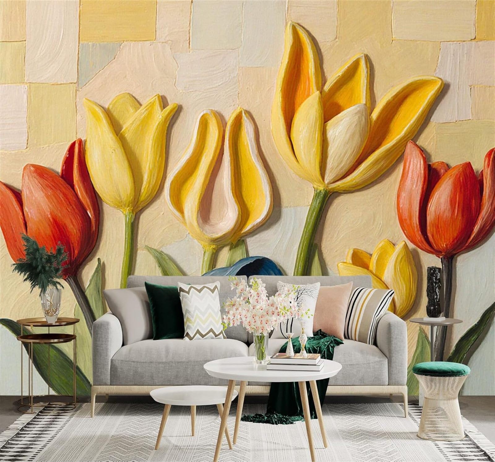 XLMING Beautiful Colourful Tulips Green Leaves Art 3D Wallpaper Silky Texture Home Study Office Grey Dining Room Sofa Bedroom Living Room TV Backdrop-400cm×280cm