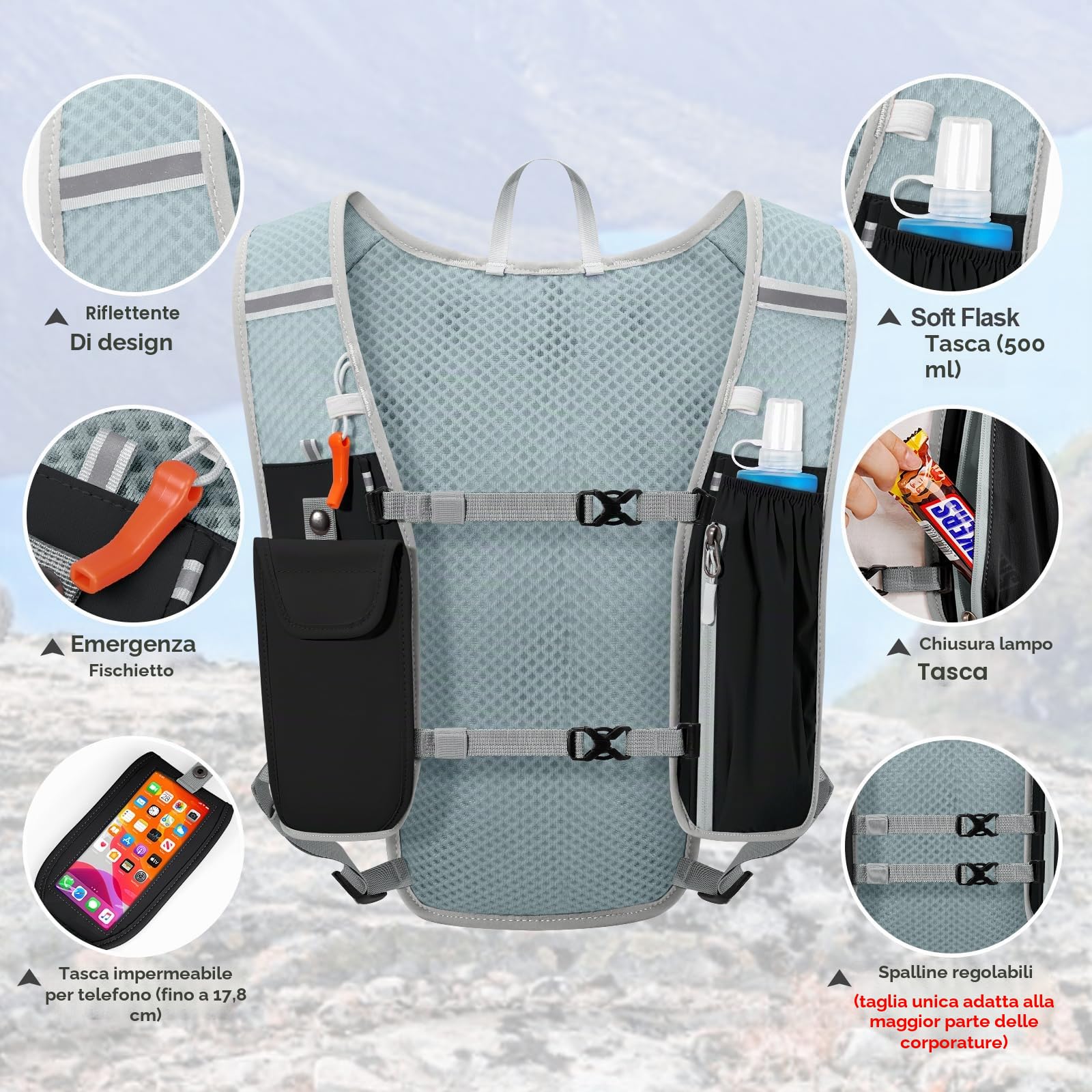 Zaino Trail Running per Uomo e Donna con Borraccie Morbide 500ml,5L Zaino Idratazione Gilet Running Zaino da Corsa per Maratona Jogging Ciclismo Escursione