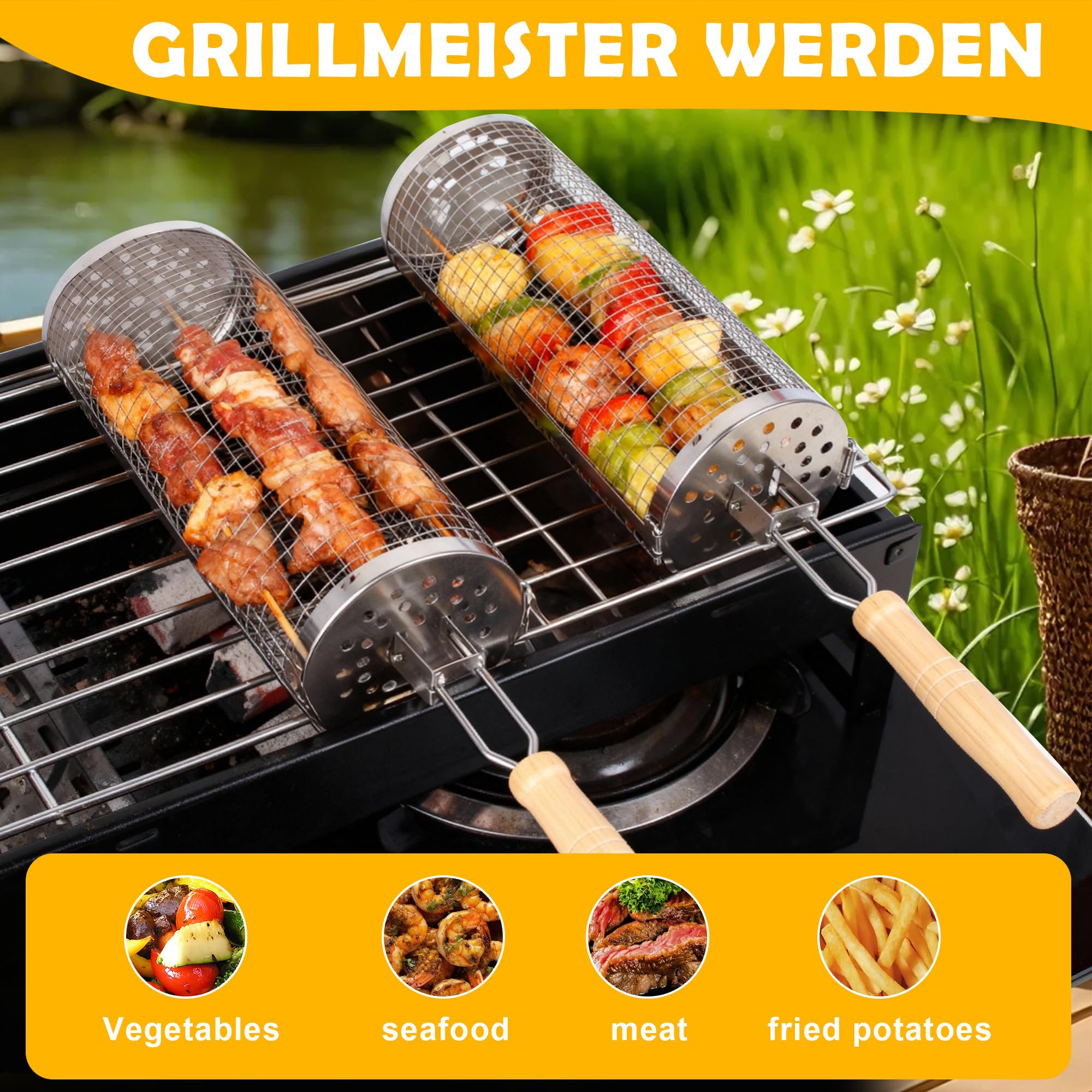 Cestello Rotolabile per Barbecue 7 Pezzi,Acciaio Inox 304 con Manico Rimovibile,Kit Barbecue e Accessori barbecue per Verdure Carne Pesce,Griglia per Barbecue BBQ Esterno Campeggio Cucina,Regalo Uomo