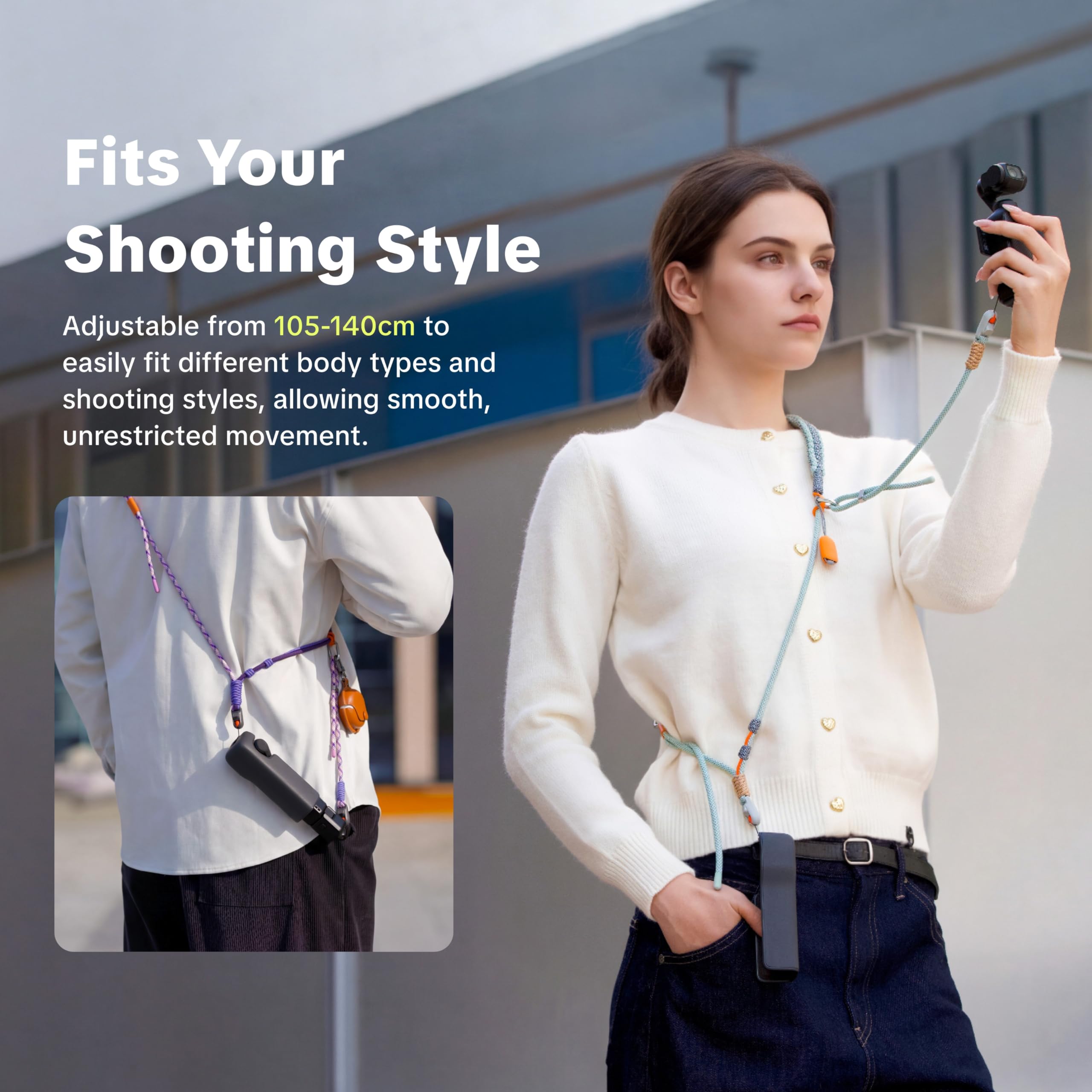 PGYTECH Correa Cámara para DJI Osmo Pocket 3, Correa 2 en 1 de Cuello y Muñeca con Sistema de Liberación Rápida Mini, Cordón Trenzado de Alta Resistencia, Carga Máx 10kg, Ajustable, Single Braid