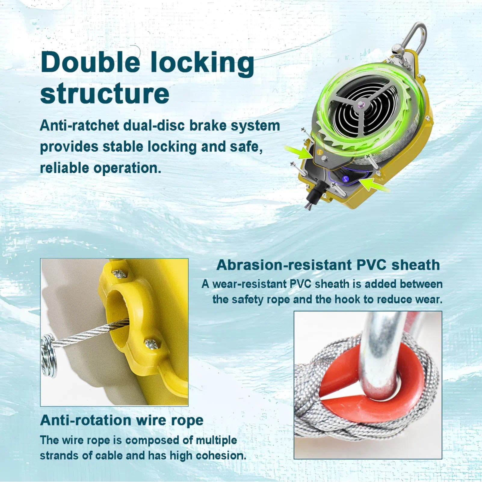Dispositivo Anticaduta Retrattile Certificato 3-20m(Giallo,10 Metri) | 150kg Corda Imbracatura Imbracatura di Sicurezza Anticaduta per Tetto, Lavoro Aereo e Ponteggista con Gancio Autobloccante
