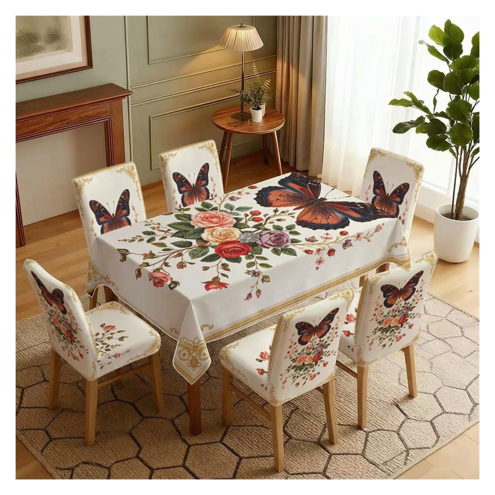 BOSUYBN Vintage Butterfly Rose Floral Dining Tablecloth & Chair Covers Set, 5/7 Piece Golden Baroque Elegant Home Decor Table Setting(7pcs Set: Tablecloth+Chair Covers)