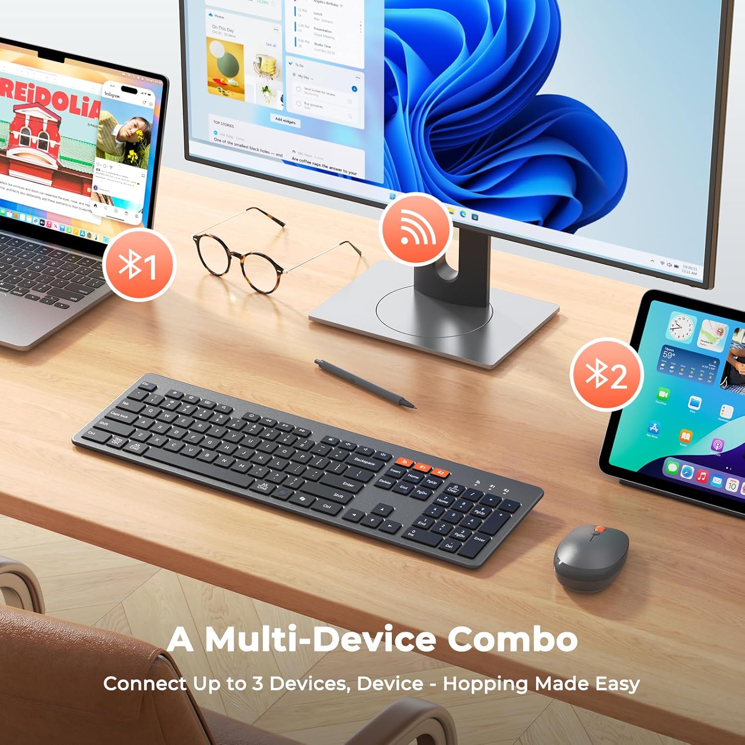 Doci Wireless Keyboard and Mouse, Bluetooth Keyboard and Mouse, Ultra Slim Multi-Device, Low-Profile Full Size Keyboard, 1200-3200 DPI Mice, for Computer PC Laptop Tablet iPad, Windows/Mac/iOS