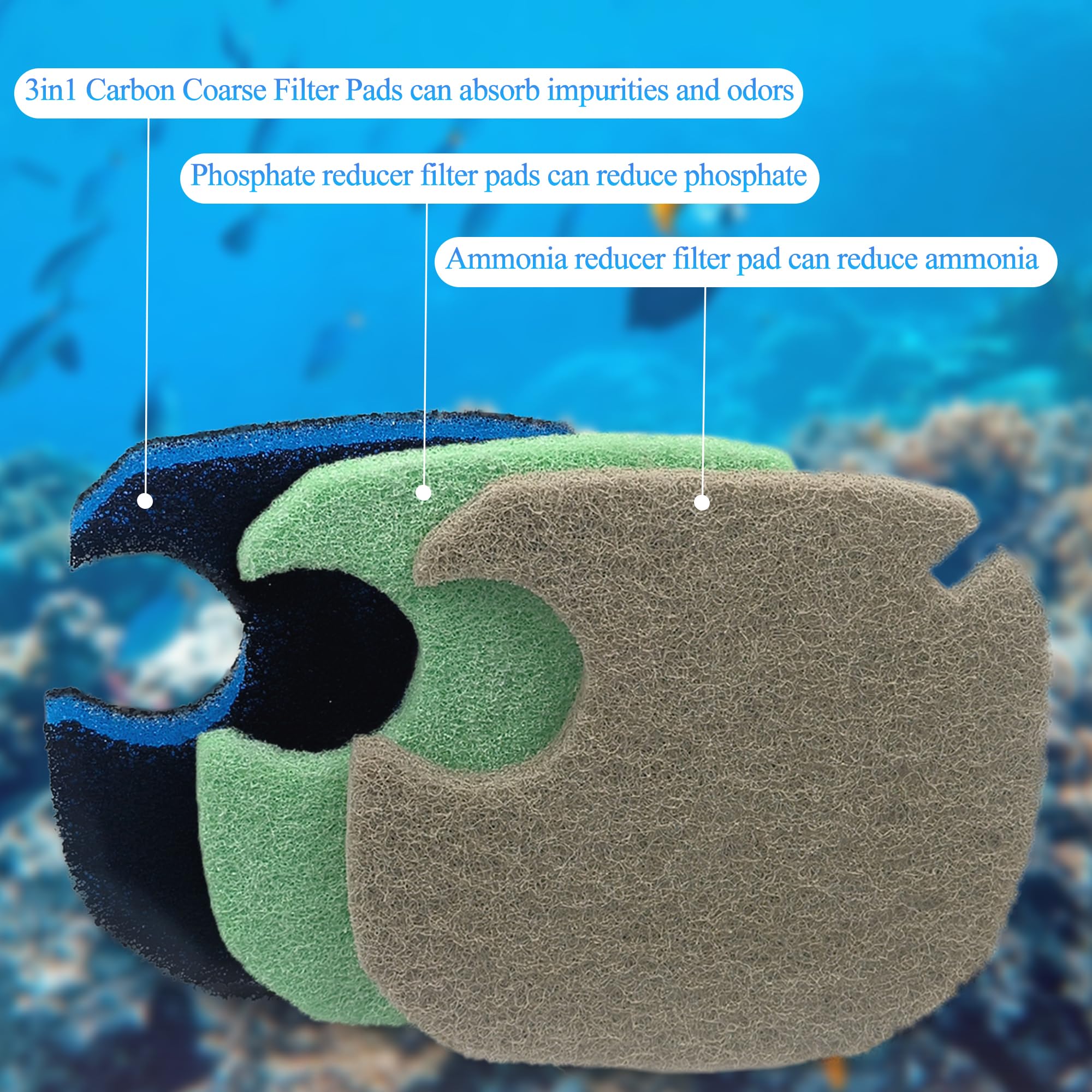 NEWKE Medios de filtro mejorados para PONDFORSE 172/225/265GPH filtro externo de acuario, almohadillas de repuesto para filtro de recipiente AMOSIJOY (4 3 en 1 de carbono, 2 de amoníaco y 2 reductores