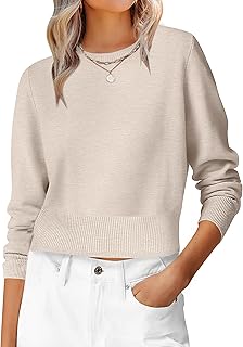 Women’s Long Sleeve Sweaters Cropped Crew Neck Business Casual Light Wei...