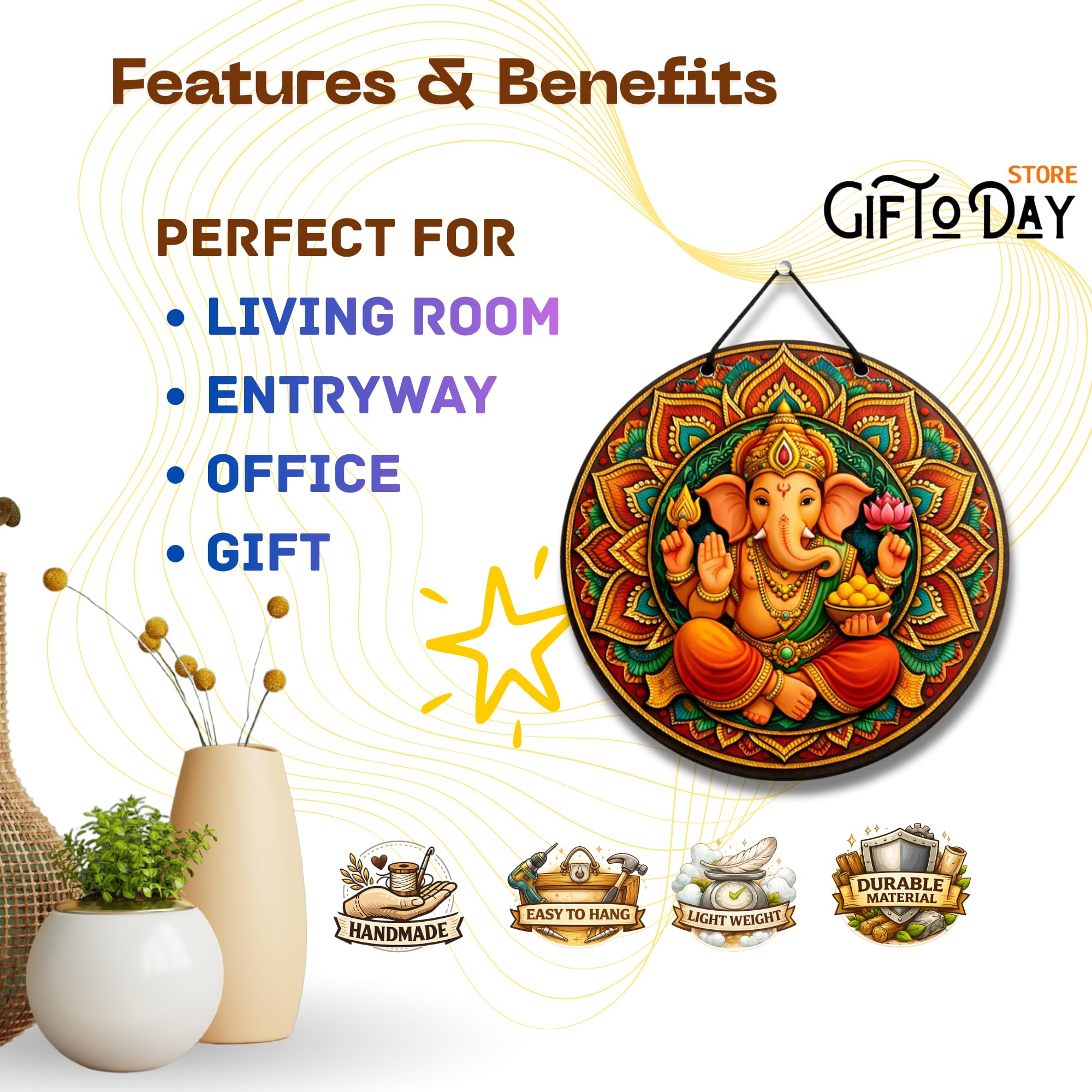 GiftOday Religious Wooden Wall Hanging Decor | Hindu God Wall Art, Om Mandala Spiritual Plaque for Pooja Room, Temple, Living Room & Meditation Wall Decor (Lord Ganesha Mandala Art) 2