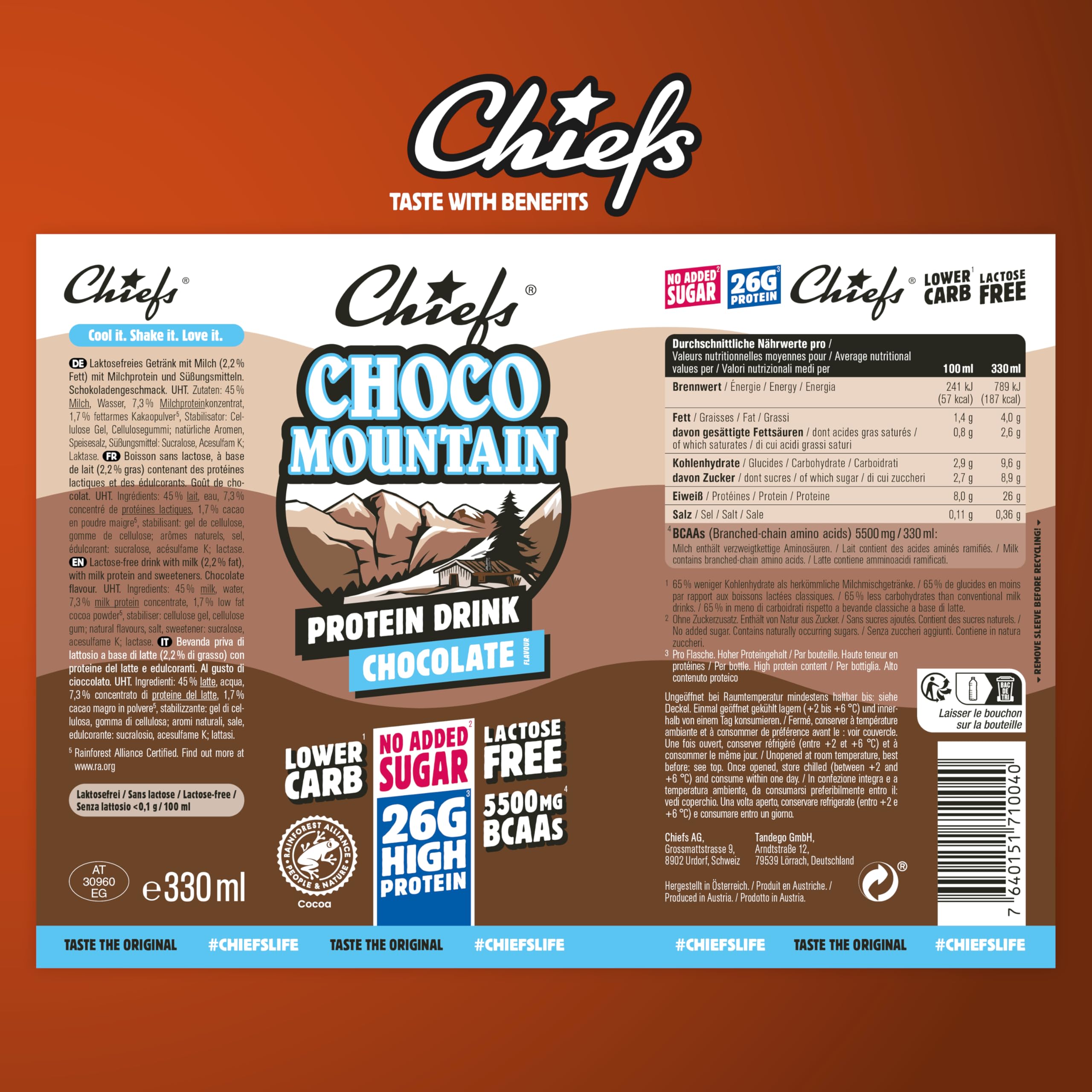 Chiefs® Milk Protein Drink avec 26 g de protéines et BCAA • Shake riche en protéines et faible en glucides, sans lactose et sans sucres ajoutés • 8 x 330 ml (Choco Mountain)