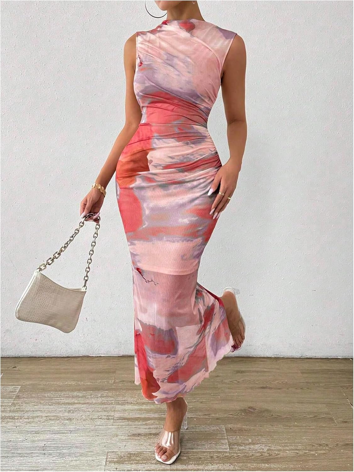 Milumia Women's Printed Mock Neck Bodycon Maxi Dress Sleeveless Mesh Long Dress Party Cocktail