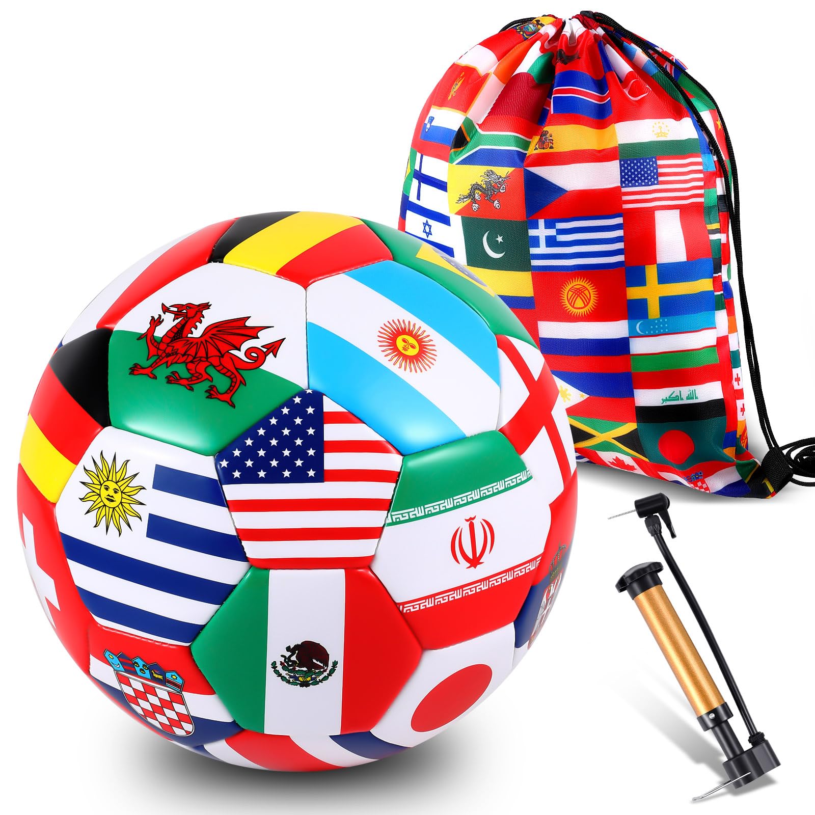 Realspring International World Flag Soccer Ball Size 5 Country Flag Party Favor Operation Christmas Soccer Balls with Pump and World Storage Bag for Sports Holiday Birthday Party Gifts