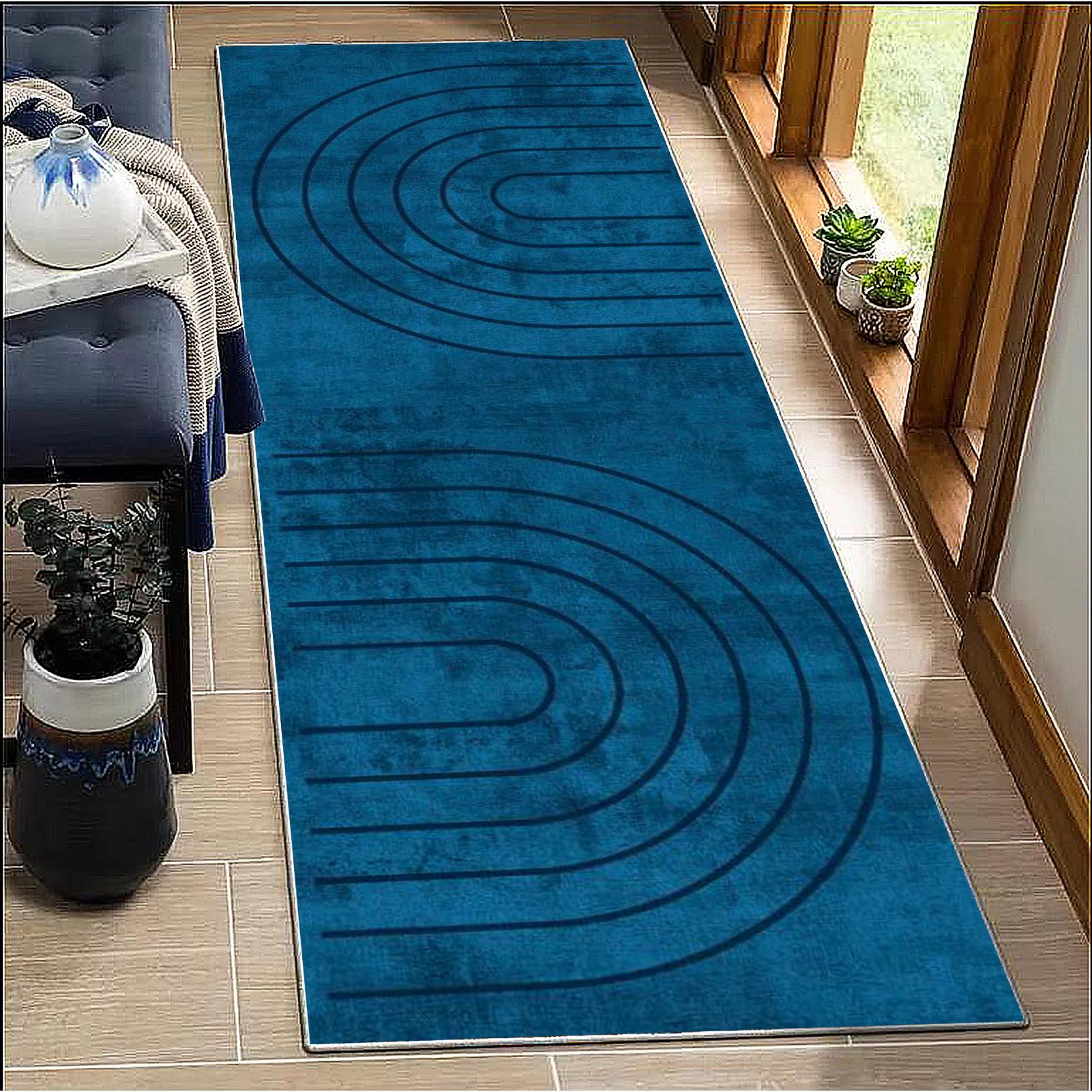 BORKOY Blue Solid Color Carpet Runner 40x60cm Low Pile Hallway Rug Non-Slip Backing Kitchen Floor Mat Extra Long Washable Indoor Doormat for Corridor, Bedroom, Entryway Modern Home Decor