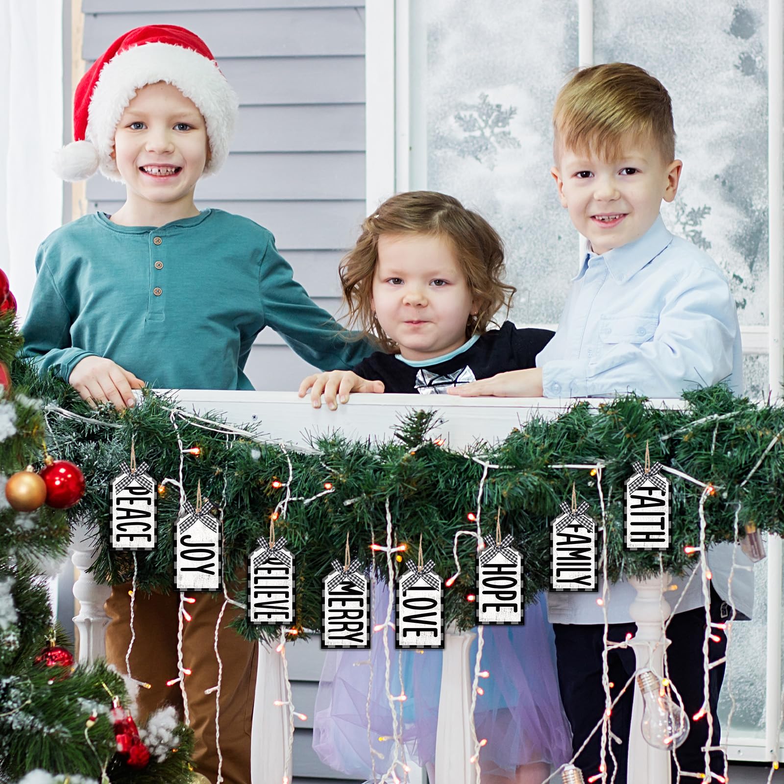 Whaline 80 Stück Weihnachts-Etiketten aus Holz mit Hanfseil, karierte Schleifen, Weihnachtswünsche, Geschenkanhänger, weiß, schwarz, Weihnachts-Hängeetiketten für Winter, Urlaub, Party,