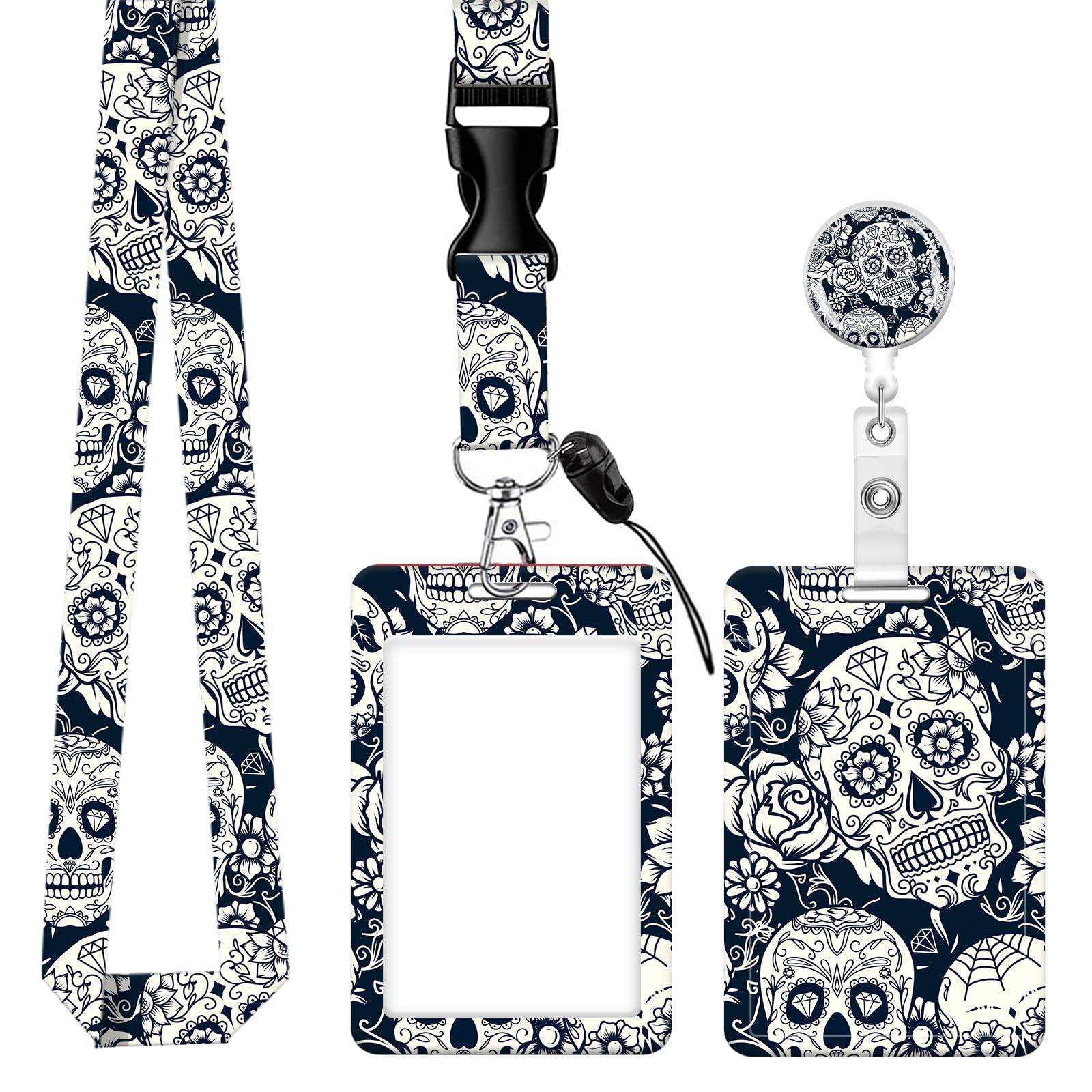 ID Badge Holder with Lanyard, Retractable Badge Holders Reels with Lanyards Adjustable, for Women Kids Teacher Nurses Doctor Student(Cute Skull)