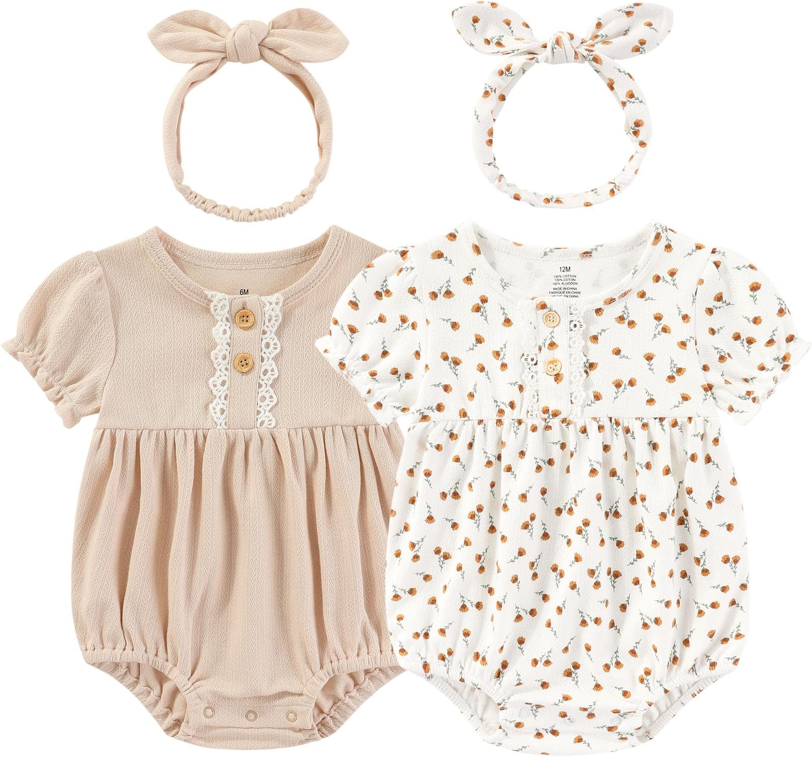 Ruliby Baby Girl Clothes Cotton Bubble Romper Floral Bodysuits Infant Outfit Set