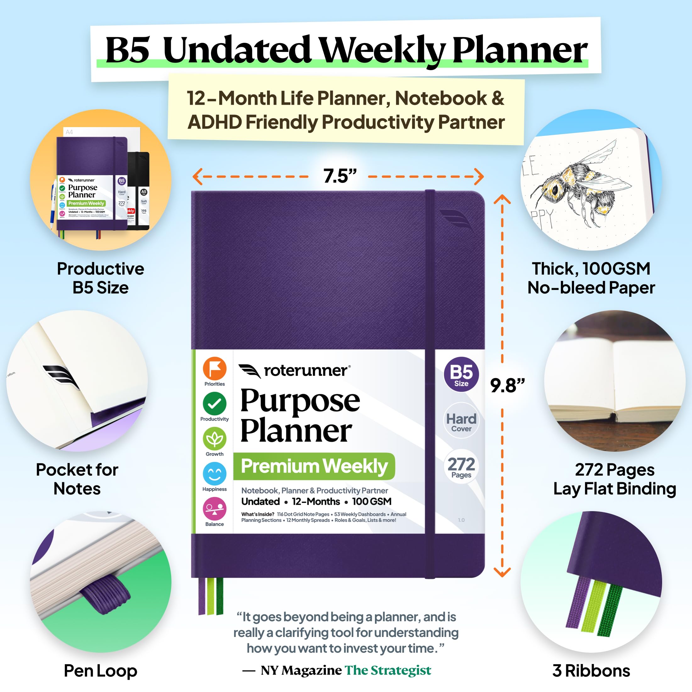 Roterunner Agenda B5, 19 x 24,9 cm, 12 mesi, non datata, 2026, giornaliera, settimanale e mensile, strumento per la definizione degli obiettivi di produttività, per lavoro, casa, ADHD, per adulti