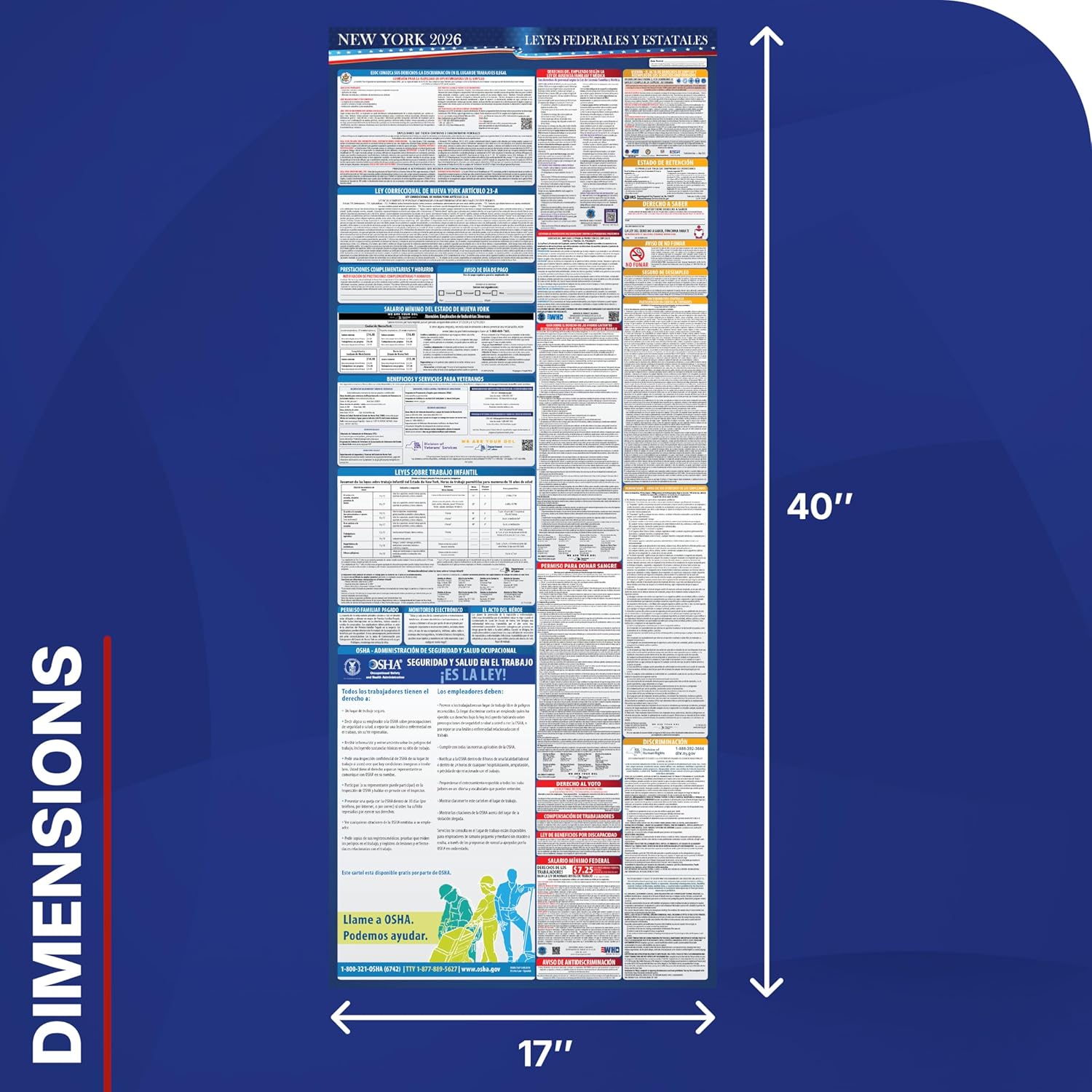 2026 New York State and Federal Labor Law Poster - English Spanish Combo - OSHA Workplace Compliant - Mandatory Regulations Posting for Employees - Required Compliance Posting 17" x 40" Laminated (English Spanish Combo) - Image 2