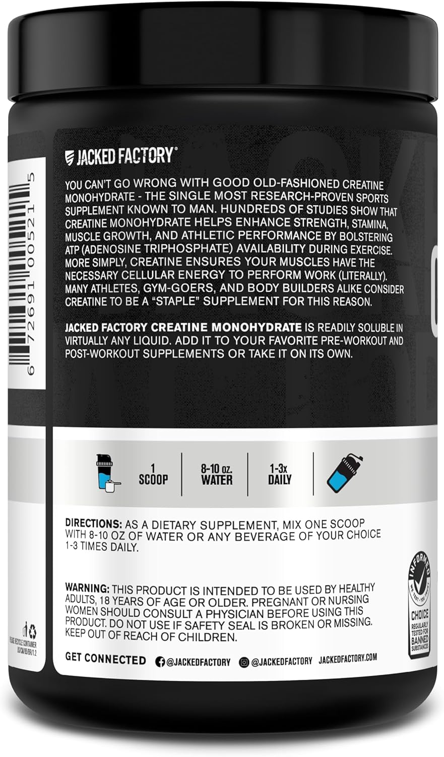 Jacked Factory Creatine Monohydrate Powder 20.4 oz (578g) - 5g Daily Creatine Supplement for Men and Women, Vegan-Friendly, Third-Party Tested - 85 Servings, Blue Raspberry - Image 8
