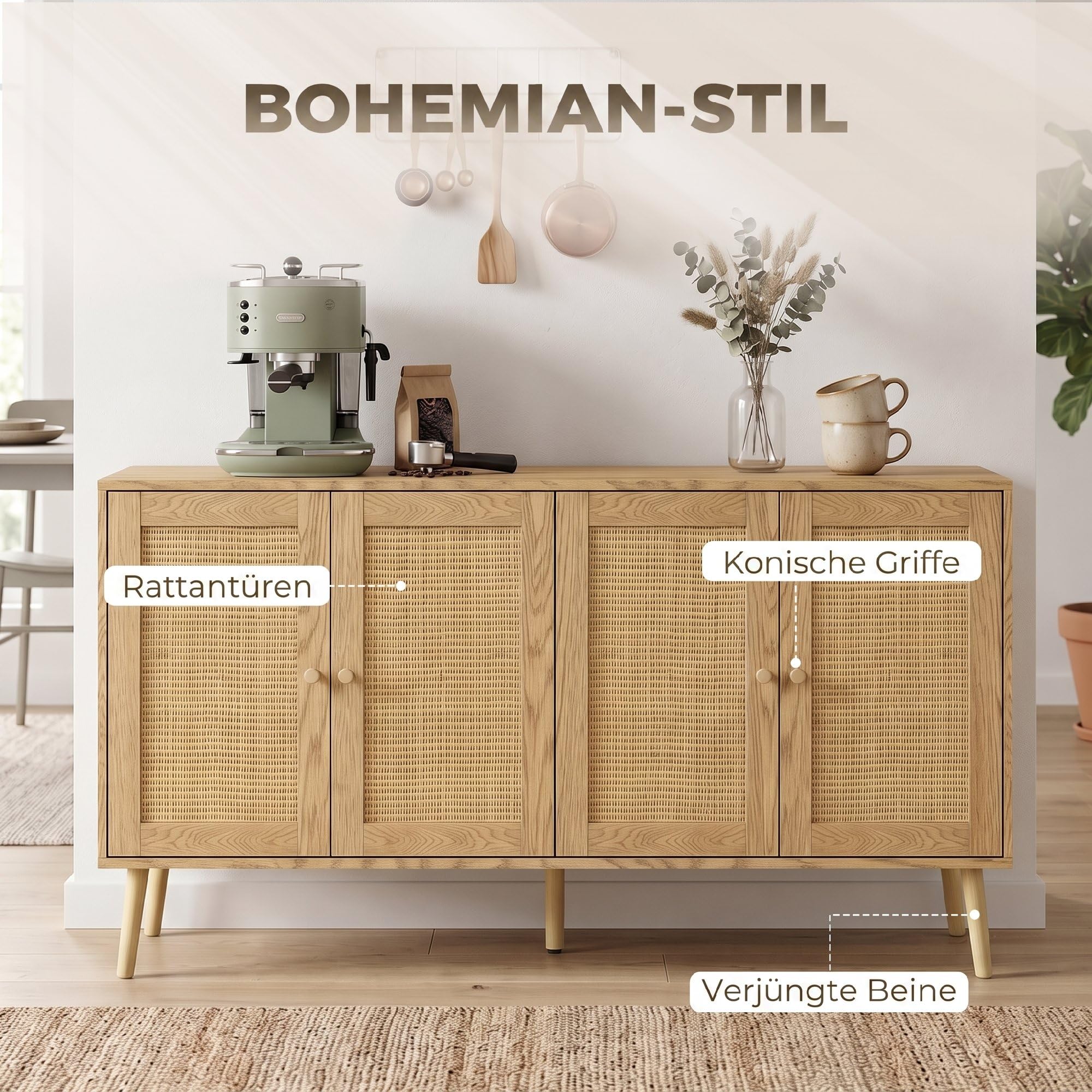 HOMCOM Sideboard Küchenschrank mit 4 Soft-Close-Türen 140x40x75 cm Natur