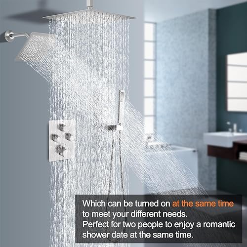 Miniatura 47 de Sistema de ducha de lluvia, cabezal de ducha de lluvia montado en la pared de 12 pulgadas con chorros corporales y ducha de mano, juego de grifo
