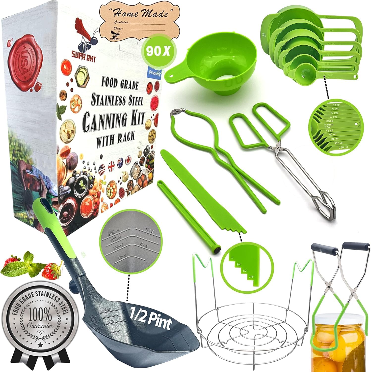 Supa Ant Canning Kit + Canning Rack + X-Large Ladle +Measuring Cups, Canning Funnel, Tongs, Jar Lifter, Lid Lifter, Bubble Popper, 90X Labels