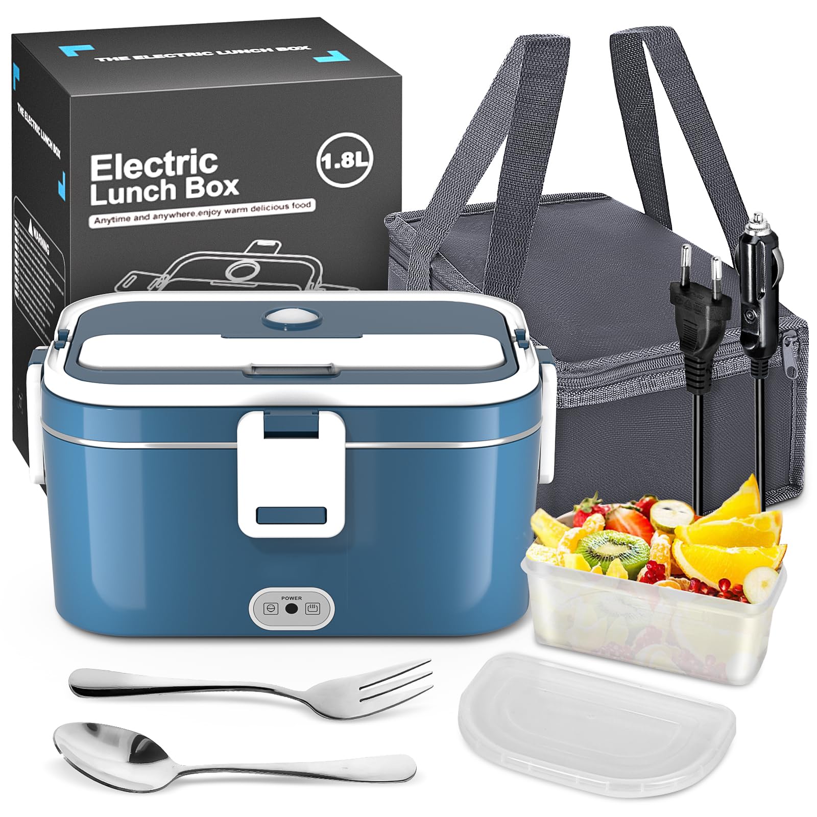 VIYSPNV Elektrische Lunchbox 120W 3-in-1 12V/24V/220V Brotdose Elektrisch für Auto, LKW, Büro 1,8L Beheizte Lunchbox Tragbare Herausnehmbar Heat Box mit Edelstahl-Einsatz & Tasche