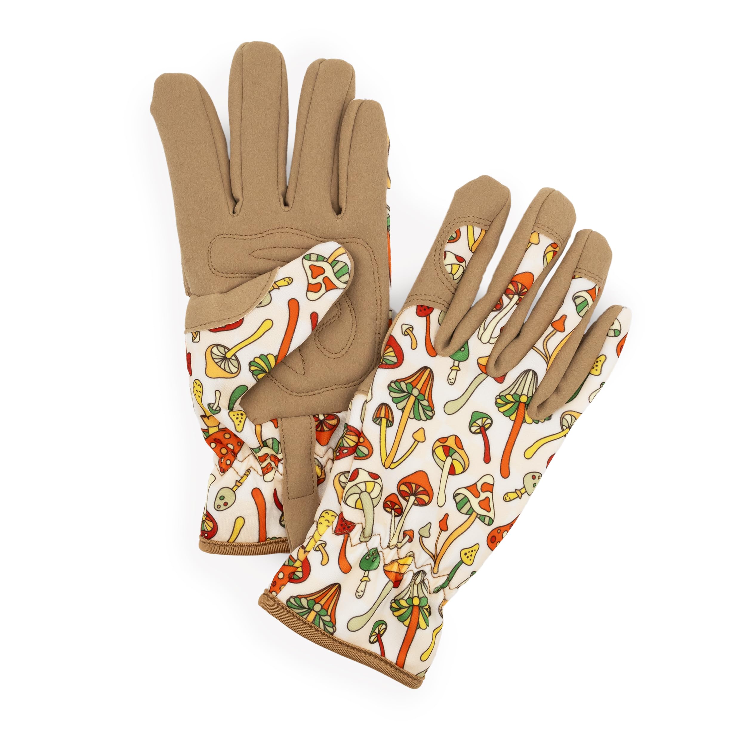 Robert Frederick Gardening Gloves - Women's One Size - Retro Mushroom Design - Padded with Elastic Cuffs, Multicoloured