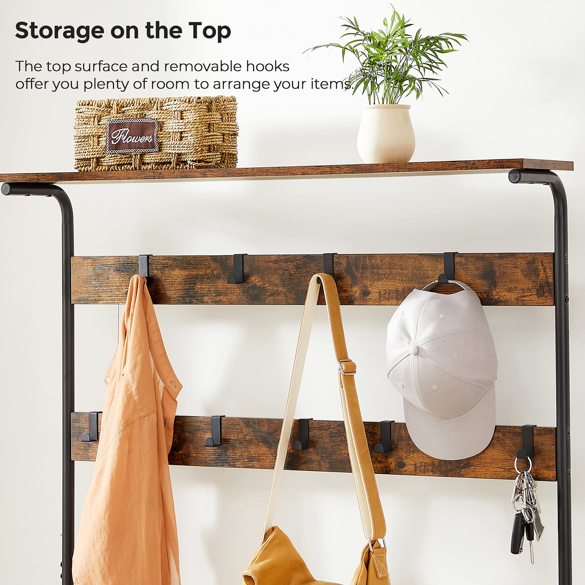 VASAGLE Hall Tree with Storage Bench, Entryway Storage with 9 Hooks
