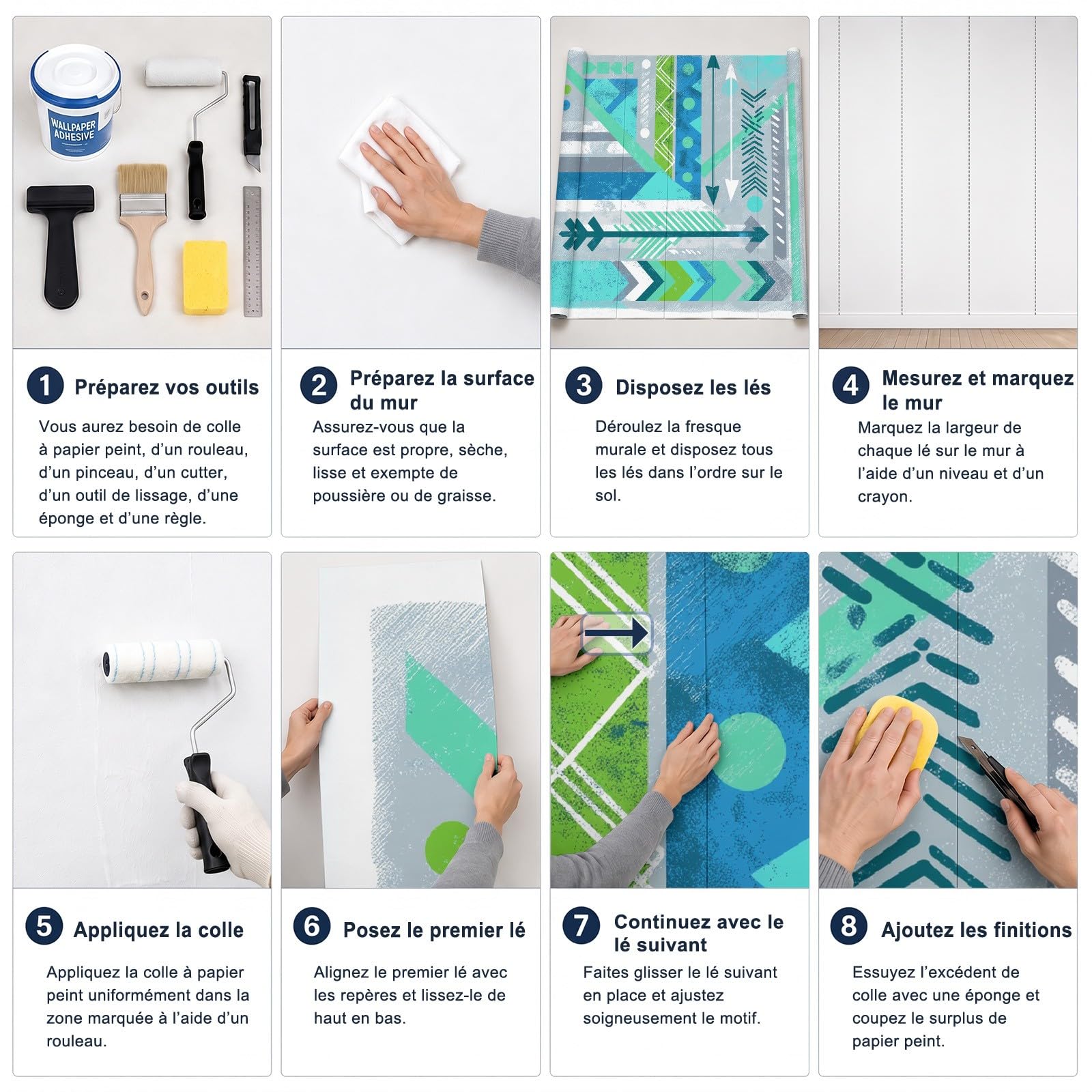 Papier Peint Panoramique Bohème Géométrique 350 x 256 cm Papier Peint Intissé Mural, Poster Geant Mural Flèche Bleu canard pour Salon Chambre d'enfants restaurant Décoration Murale