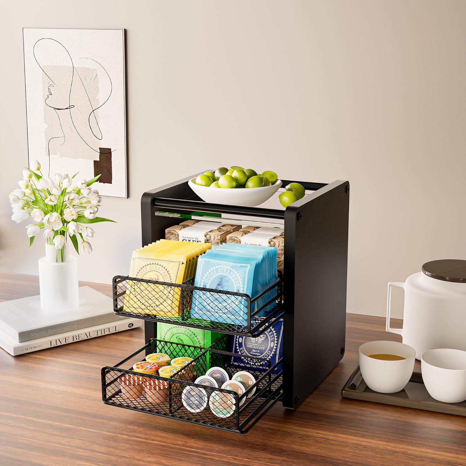 Tea Bag Organizer Box - Wooden Tea Bag Storage with 2 Drawers, Holder & Dispenser for Kitchen Countertop, Office, Tea Station (Black) Black- Tall