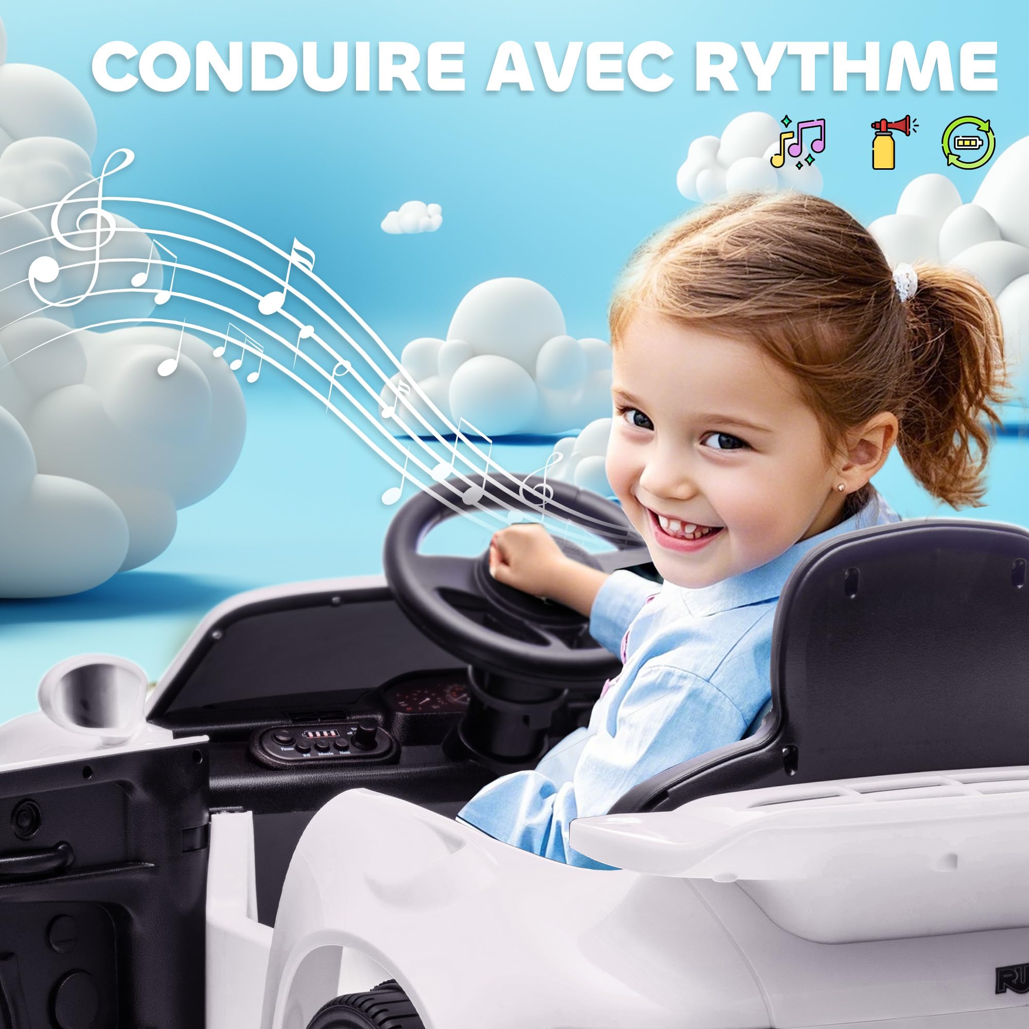 AIYAPLAY Voiture Électrique Enfants sous Licence RUF CTR 2017 12V Blanc | Véhicule Électrique, Télécommande 2,4G, Phares, Musique, Klaxon, Démarrage Lent, pour 3 à 6 Ans