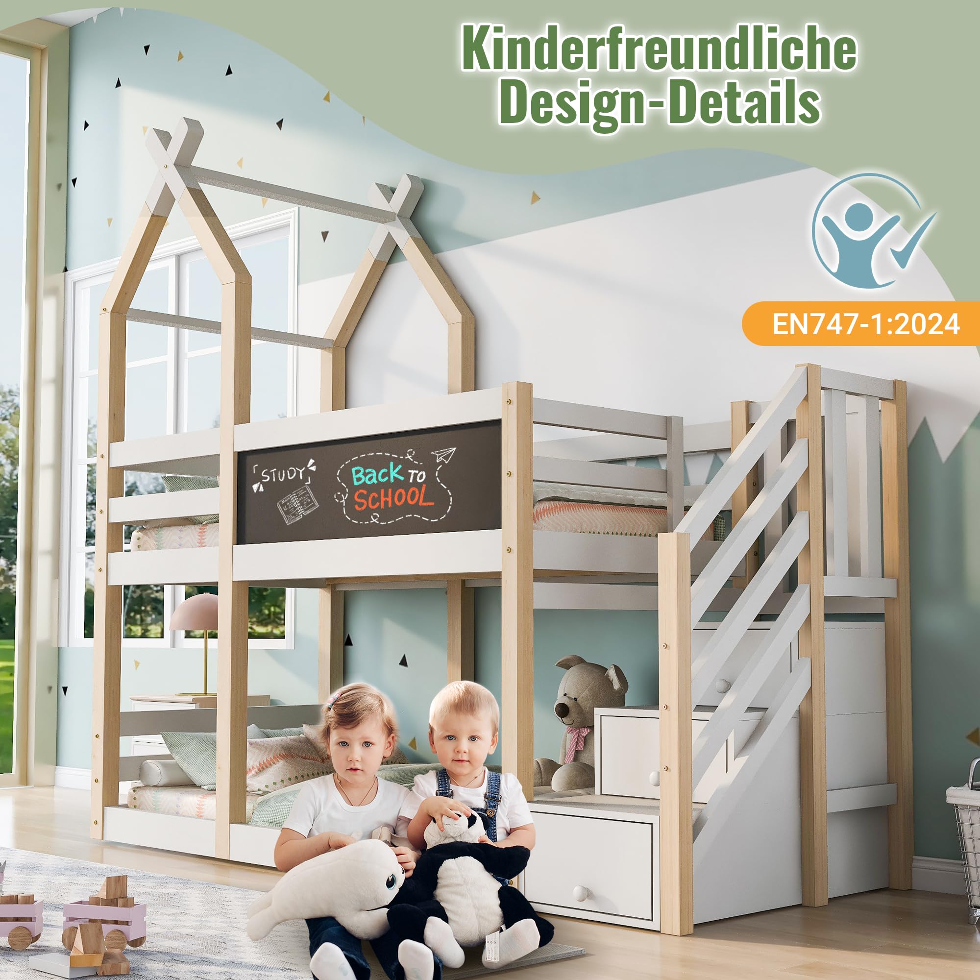 Lit superposé, 90 x 200 cm, design cabane d'arbre avec tableau, protection anti-chute et espace de rangement, lit mezzanine pour enfants à partir de 6 ans, bois massif de pin et MDF