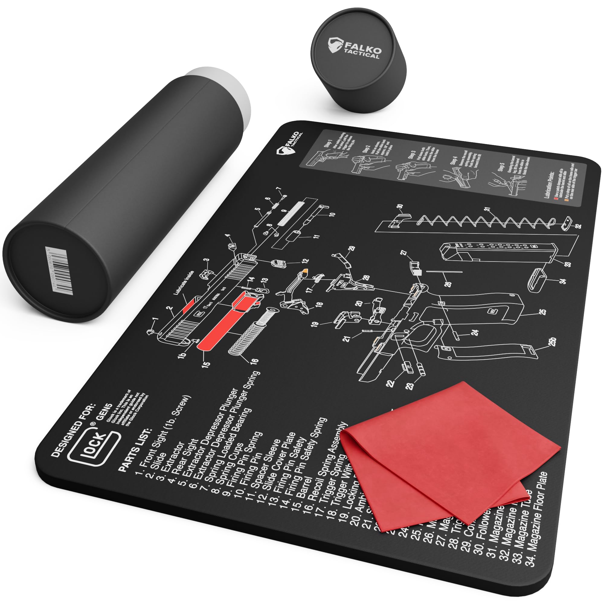 Falko Tactical Gun Cleaning Mat for Glock - Double Thickness Gun Mat - HD Exploded Diagram Including Parts List, Lubrication Points and Disassembly Steps (20 by 12 Inches)