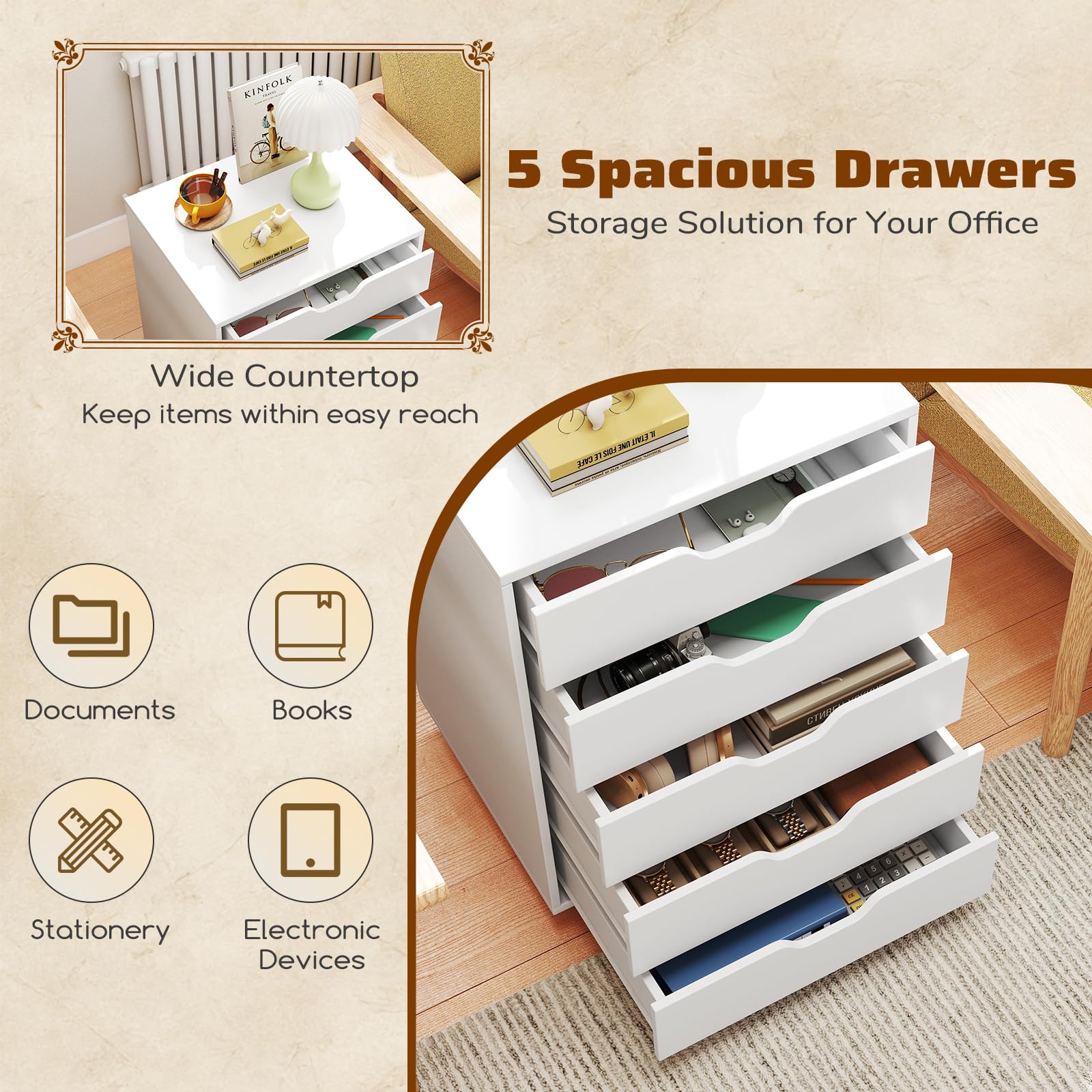 GIANTEX Rollcontainer mit 5 Schubladen, Aktenschrank mit Rollen, Schubladenschrank Holz unter Schreibtisch, Druckertisch für Zuhause & Büro (Weiß, 49 x 40 x 65 cm)