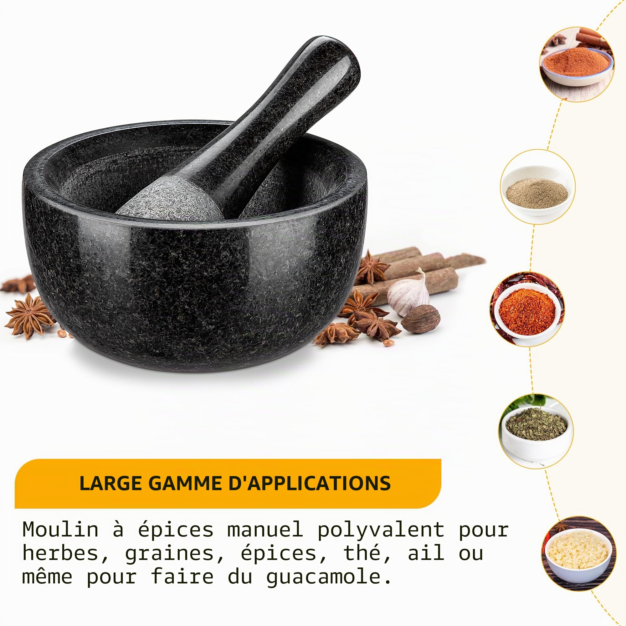 Velaze Mortier et Pilon Cuisine en Granit, pour Epices et Herbes, Diamètre de 16cm, Emsemble de Mortier, Poli Pierre Naturelle