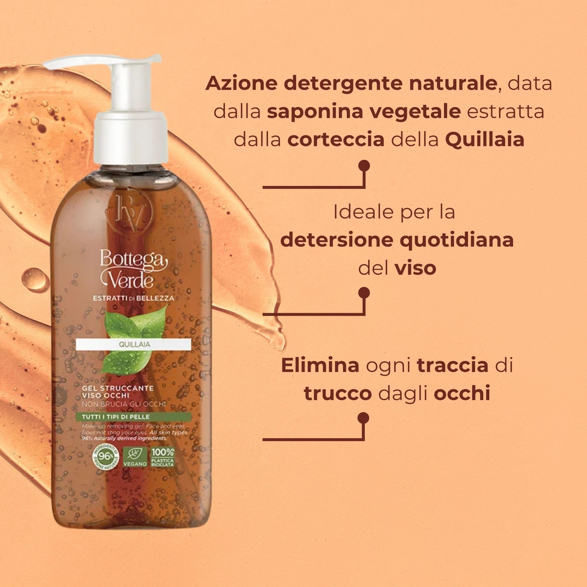 Bottega Verde - Estratti di Bellezza, Gel Struccante Viso e Occhi, 200 ml, con Quillaia per una Azione Detergente Naturale, Non Brucia gli Occhi, Formula Delicata, per Tutti i Tipi di Pelle