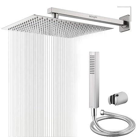 Mingle Mirror Stainless Steel 304 Square Shower Ultra Slim High Pressure Rainfall Shower Head for bathroom With Arm Shower (Pack of 1) (12 INCH + 24 INCH AM + HAND SHOWER)