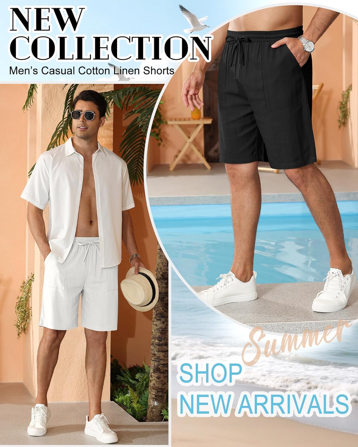 3 Pack Men's Linen Shorts, Casual Elastic Waist Drawstring Shorts Summer Golf Lounge Clothes with Pockets - Image 5