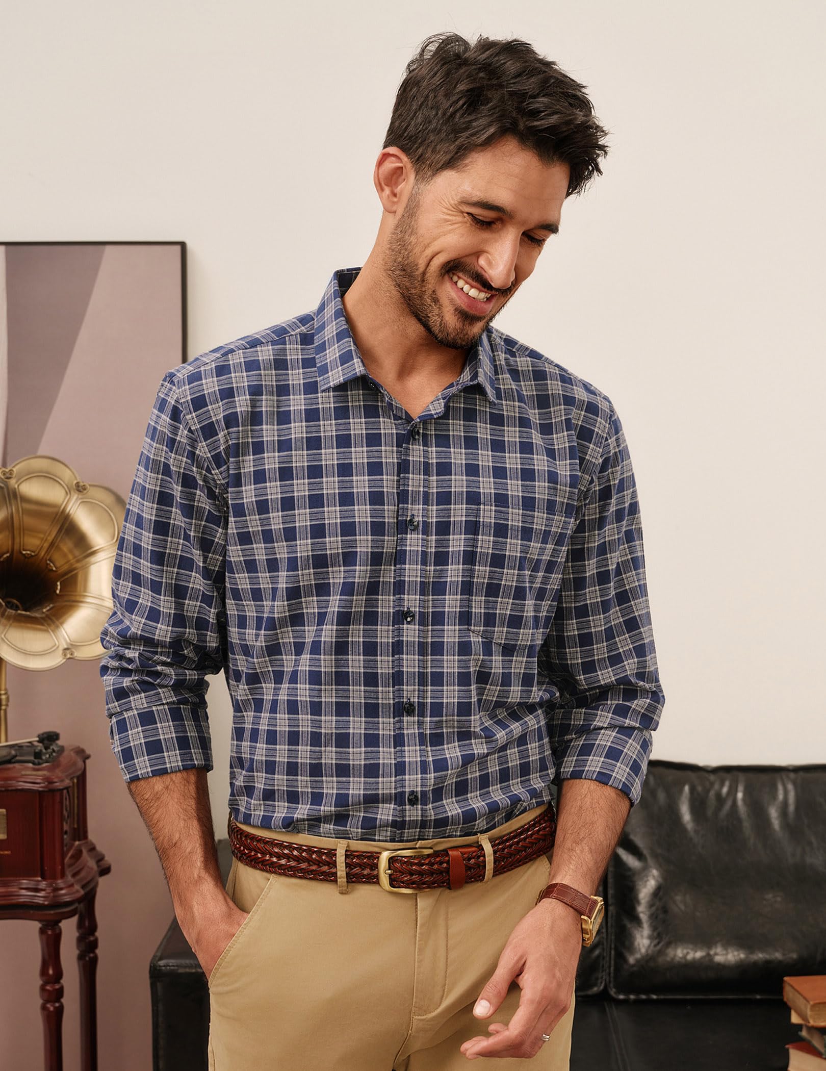 PJ PAUL JONES Camicia da uomo slim fit a quadri con bottoni in cotone a maniche lunghe casual a quadretti