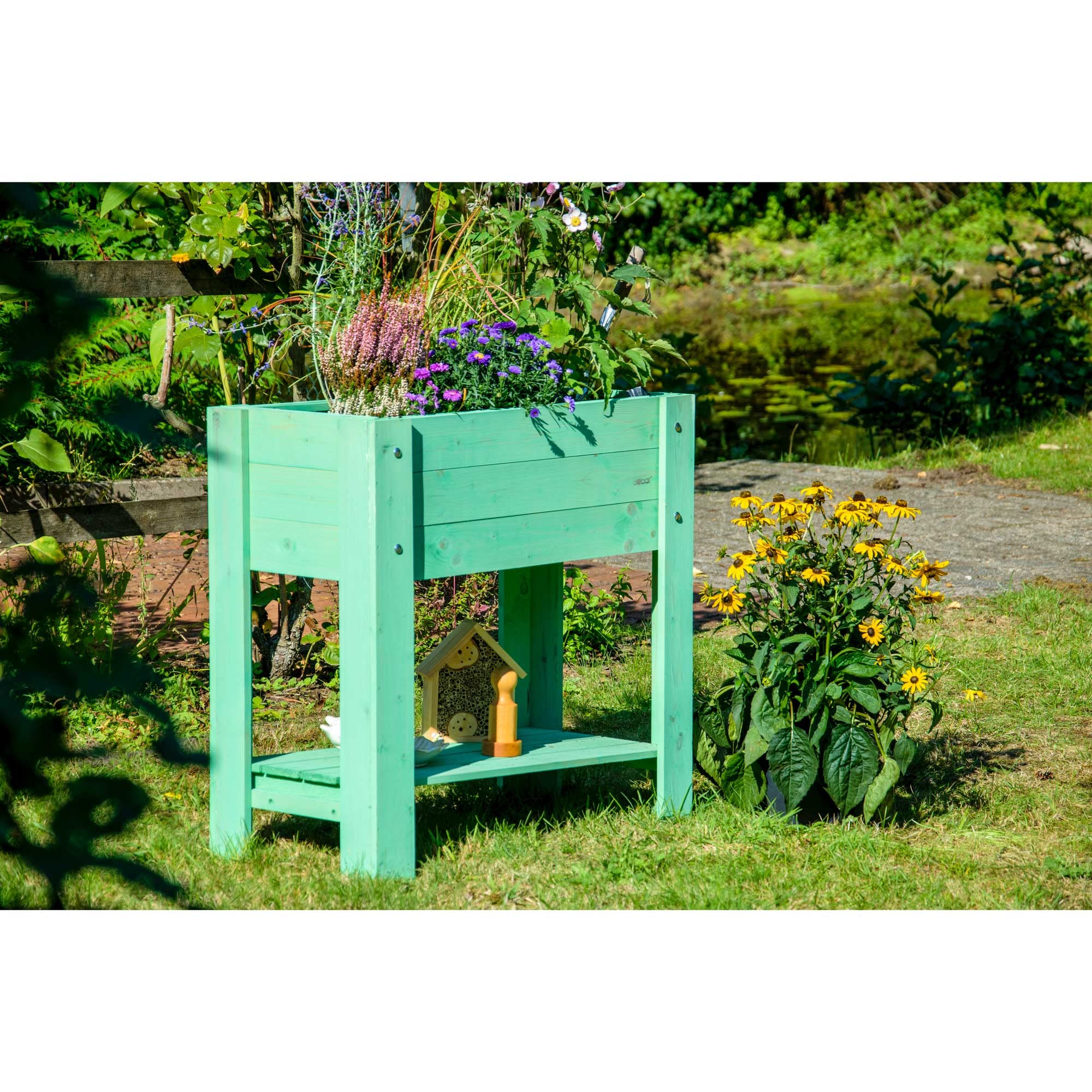 dobar 58292FSCe – Elegante bancal Alto Urban con Superficie de Almacenamiento – Bancal Elevado para Verduras con lámina – Jardinera Verde Menta para balcón, jardín y terraza