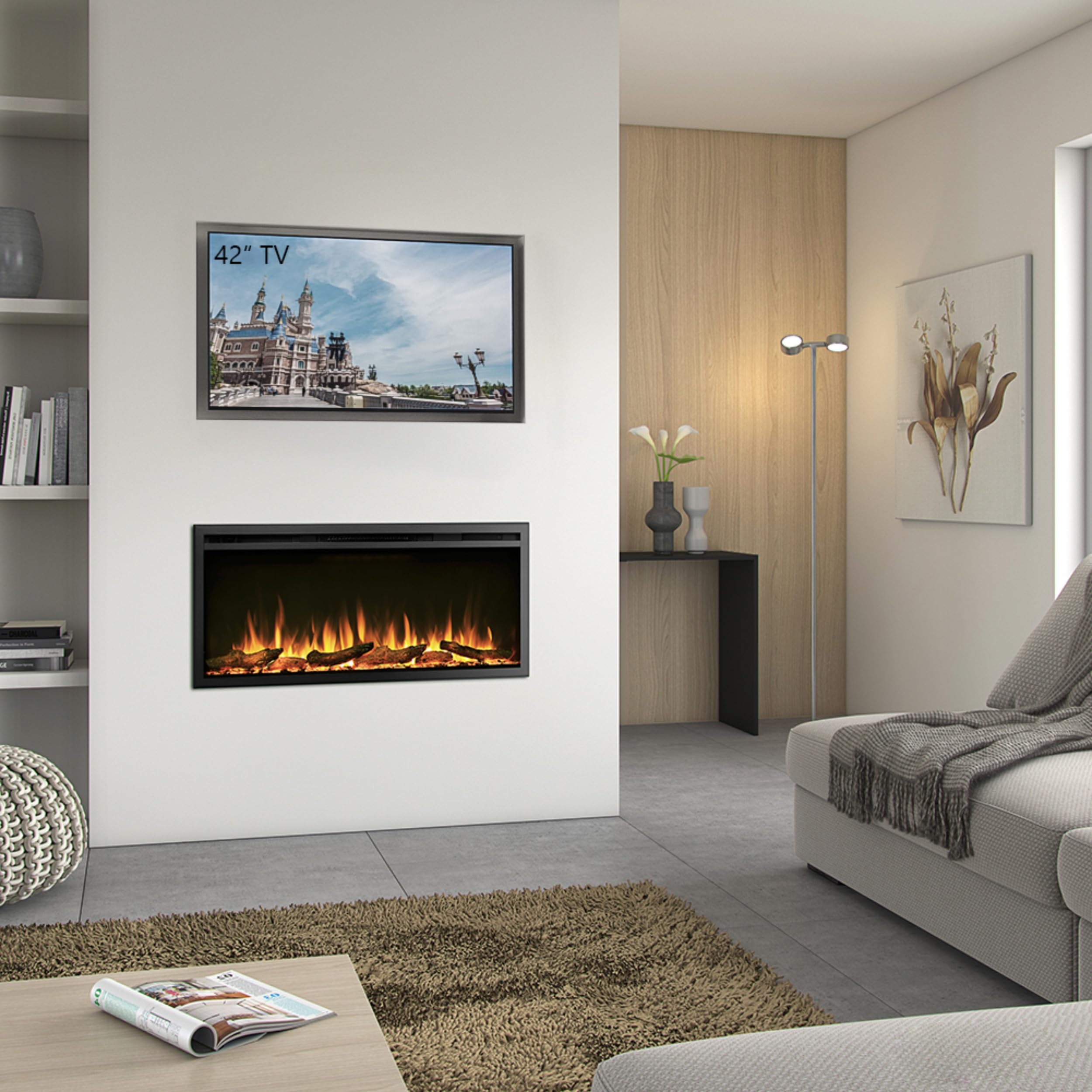 Balderia camino elettrico Atalanta | Caminetto a incasso effetto fiamma 3D | Riscaldamento elettrico 1500W, LED, comando via app, crepitio | Nero