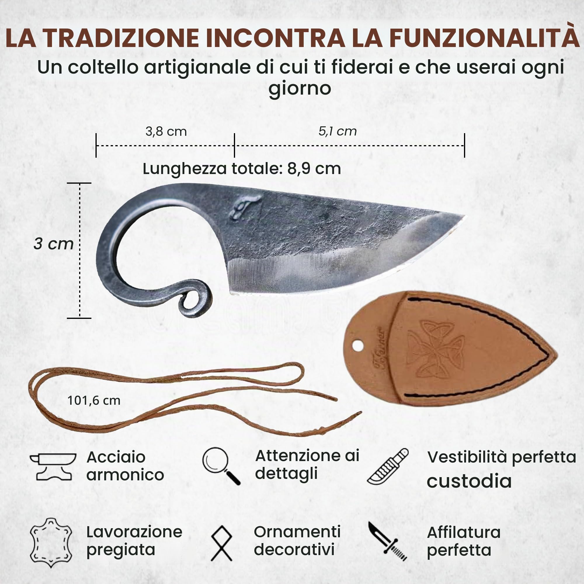 TOFERNER Coltello da caccia a lama fissa Coltello in acciaio Celtico – Forgiato a mano & Vintage Look – Lama a punta ultra affilata – Inclusa custodia in vero cuoio