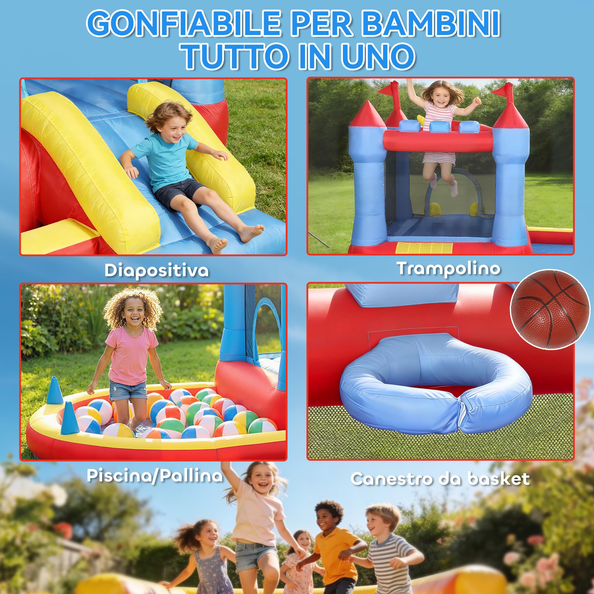 AIYAPLAY Castello Gonfiabile per Bambini 4 in 1, Parco Acquatico con Scivolo, Trampolino, Piscina Palline, Canestro Basket, Soffiatore, Borsa Trasporto, Interni Esterni, 3-8 Anni, 342x255x209 cm